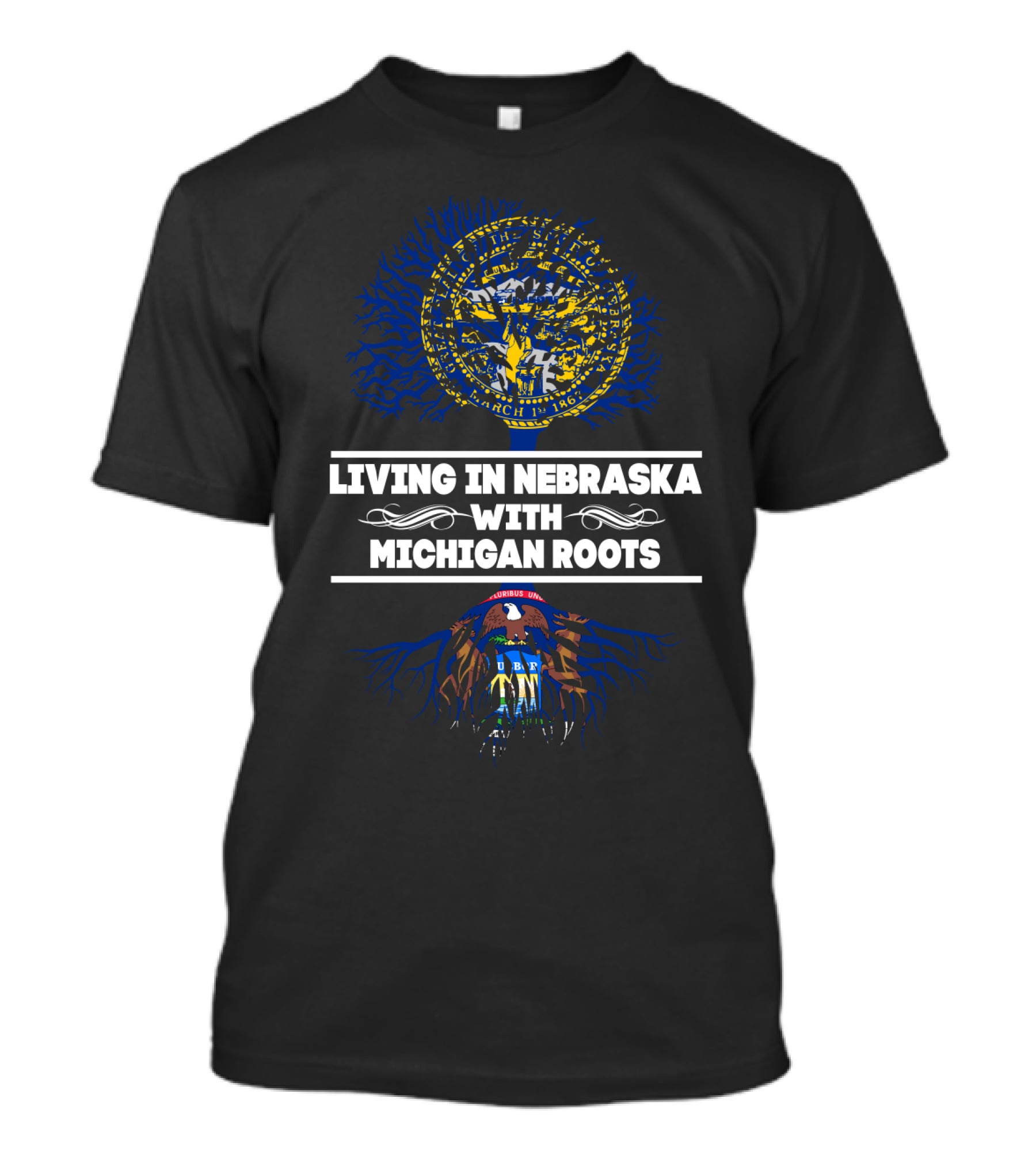 Living In Nebraska With Michigan Roots State Seal Tree T-Shirt