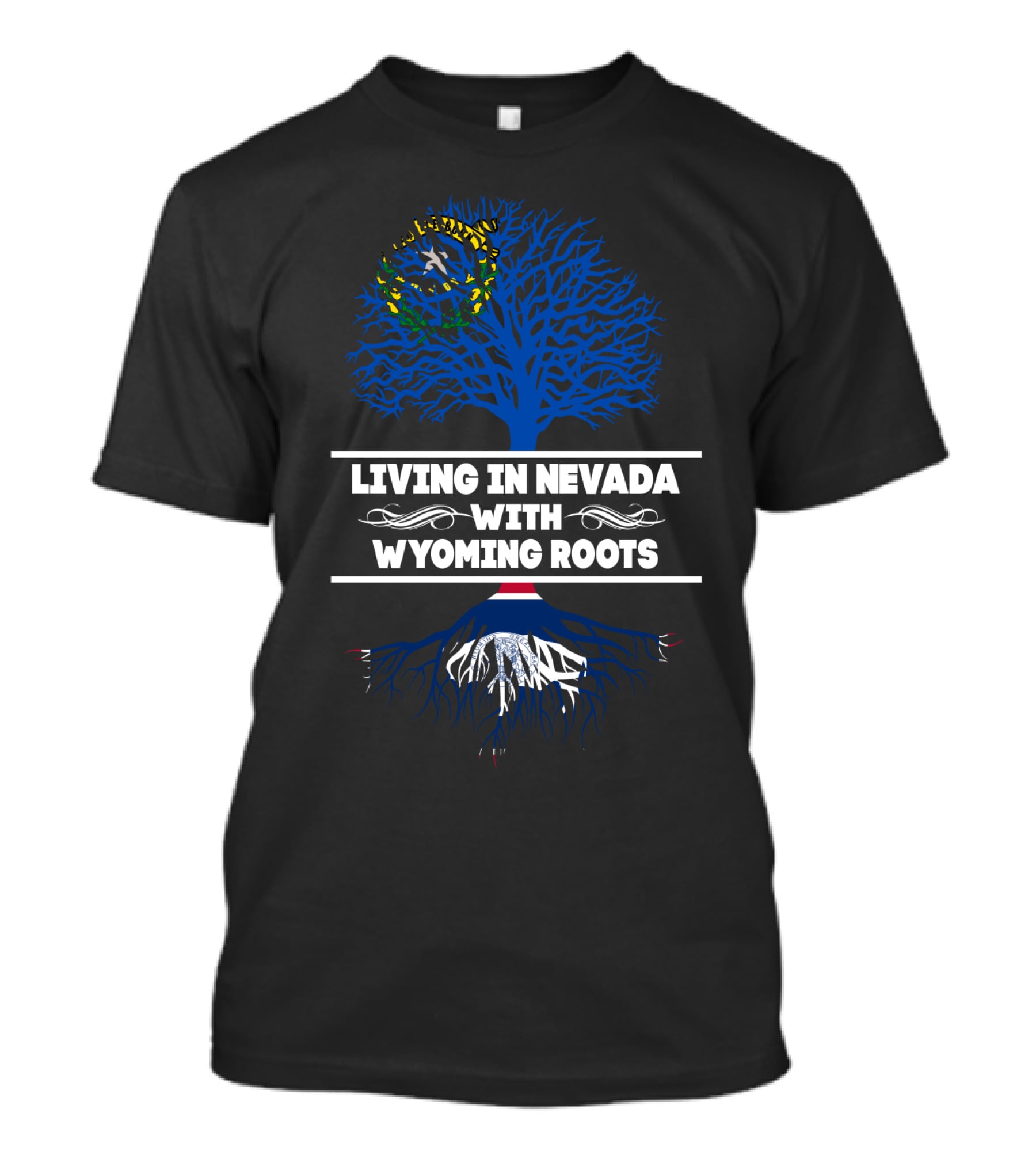Wyoming Heritage Meets Nevada Residency Illustrated By State-Themed Tree And Roots T-Shirt