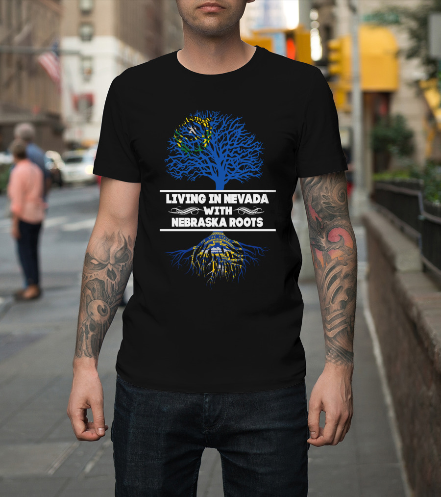 Living In Nevada With Nebraska Roots Blue Tree And State Seals T-Shirt