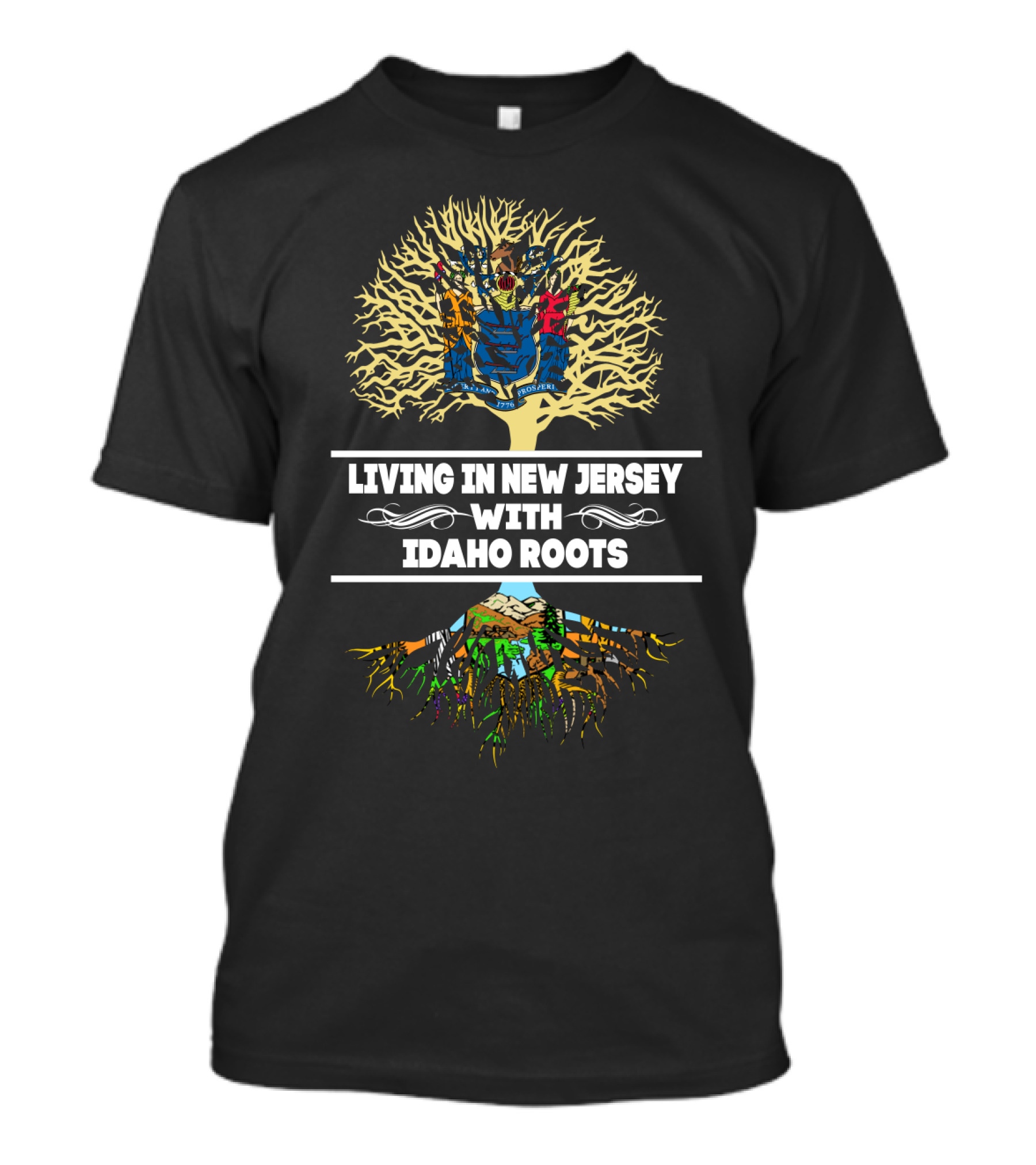 Living In New Jersey With Idaho Roots Tree Graphic Featuring State Maps And Landscapes T-Shirt
