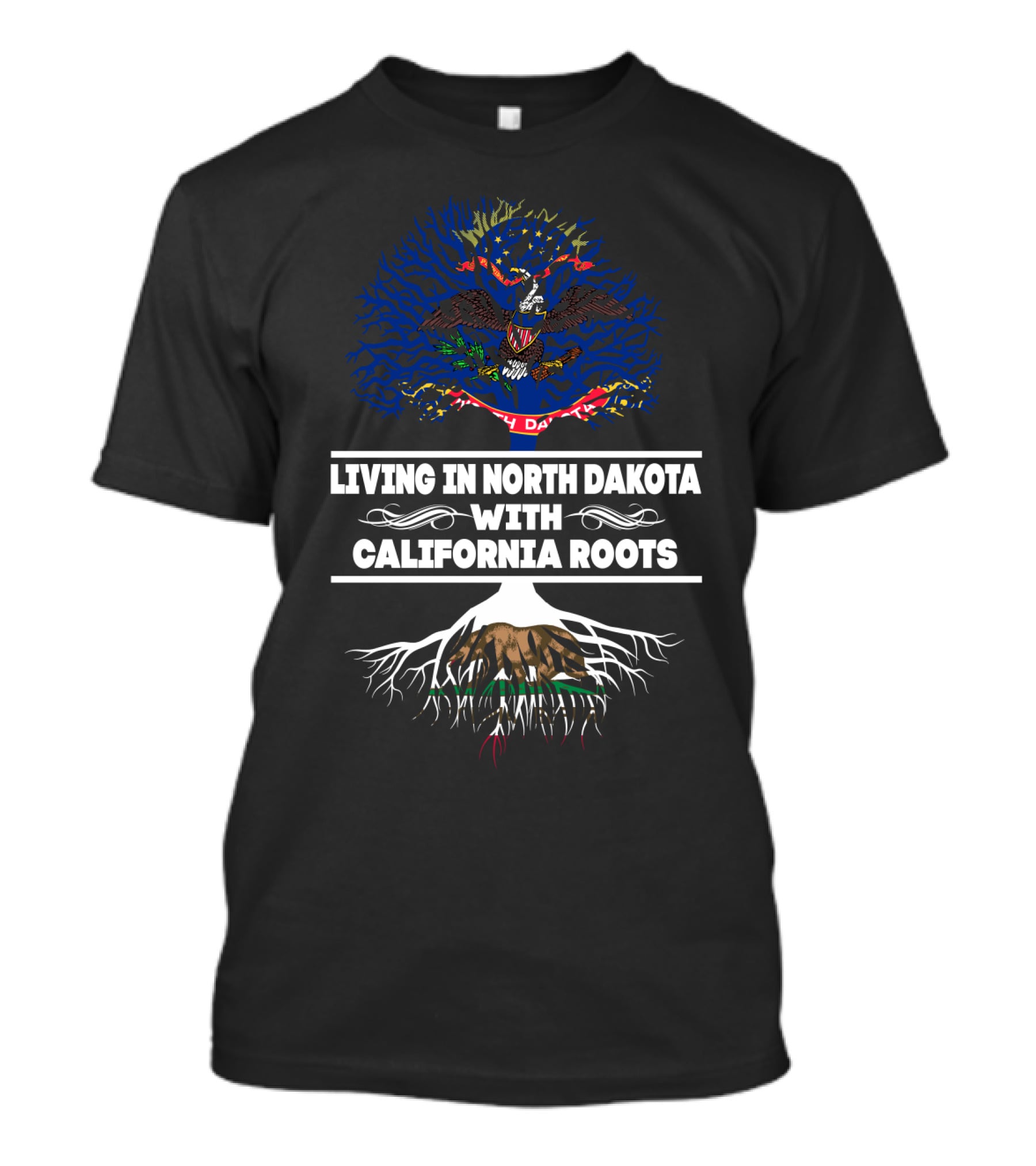 Living In North Dakota With California Roots North Dakota Flag And California Bear Tree T-Shirt