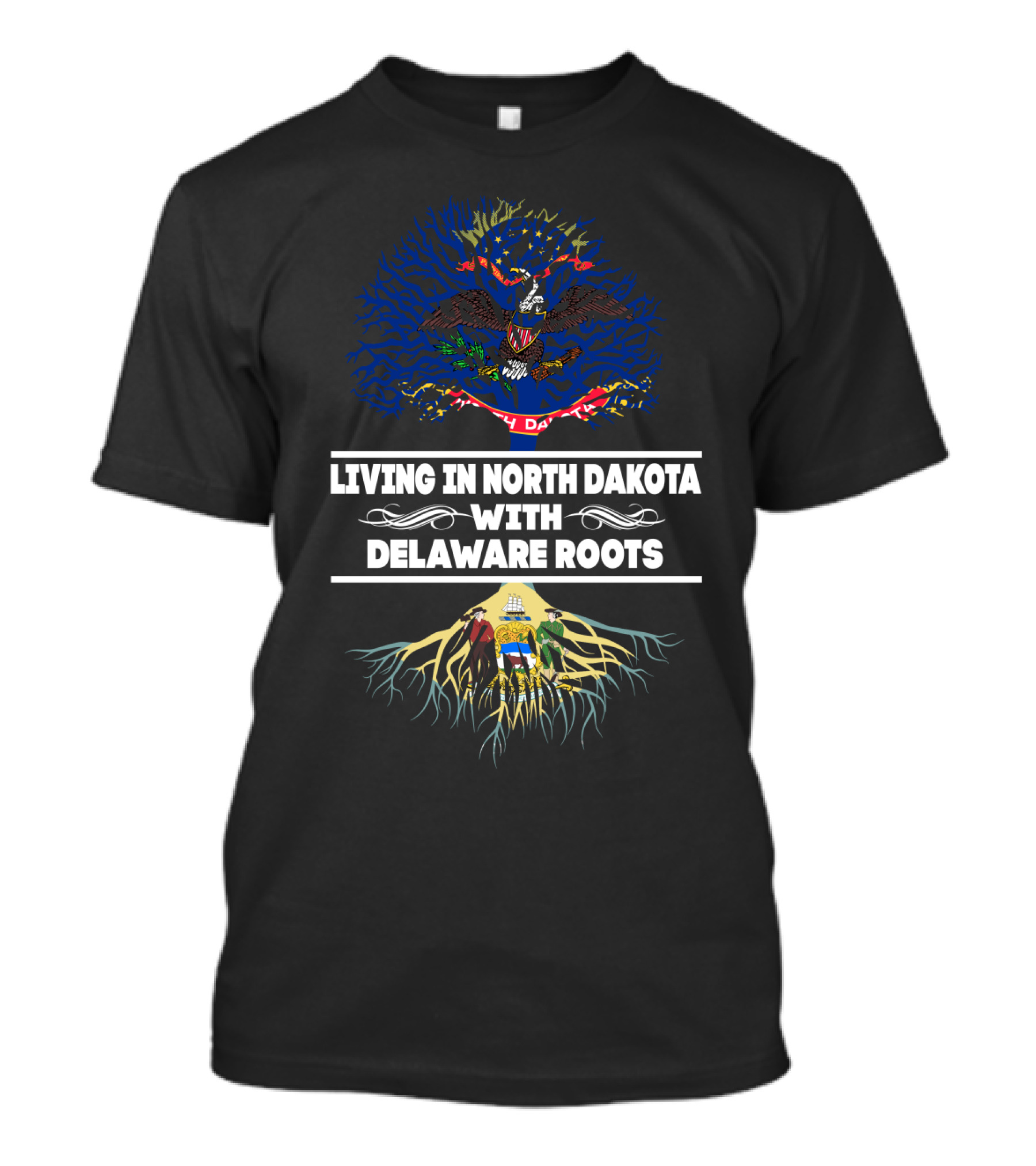 Connection Between North Dakota Living And Delaware Heritage Featuring State Symbols And Flag T-Shirt