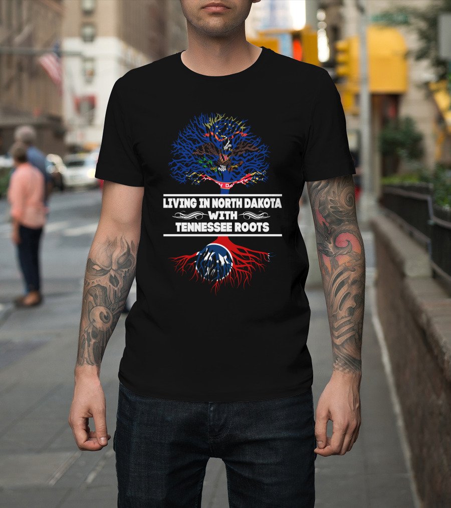Living In North Dakota With Tennessee Roots Featuring State Flag Tree T-Shirt