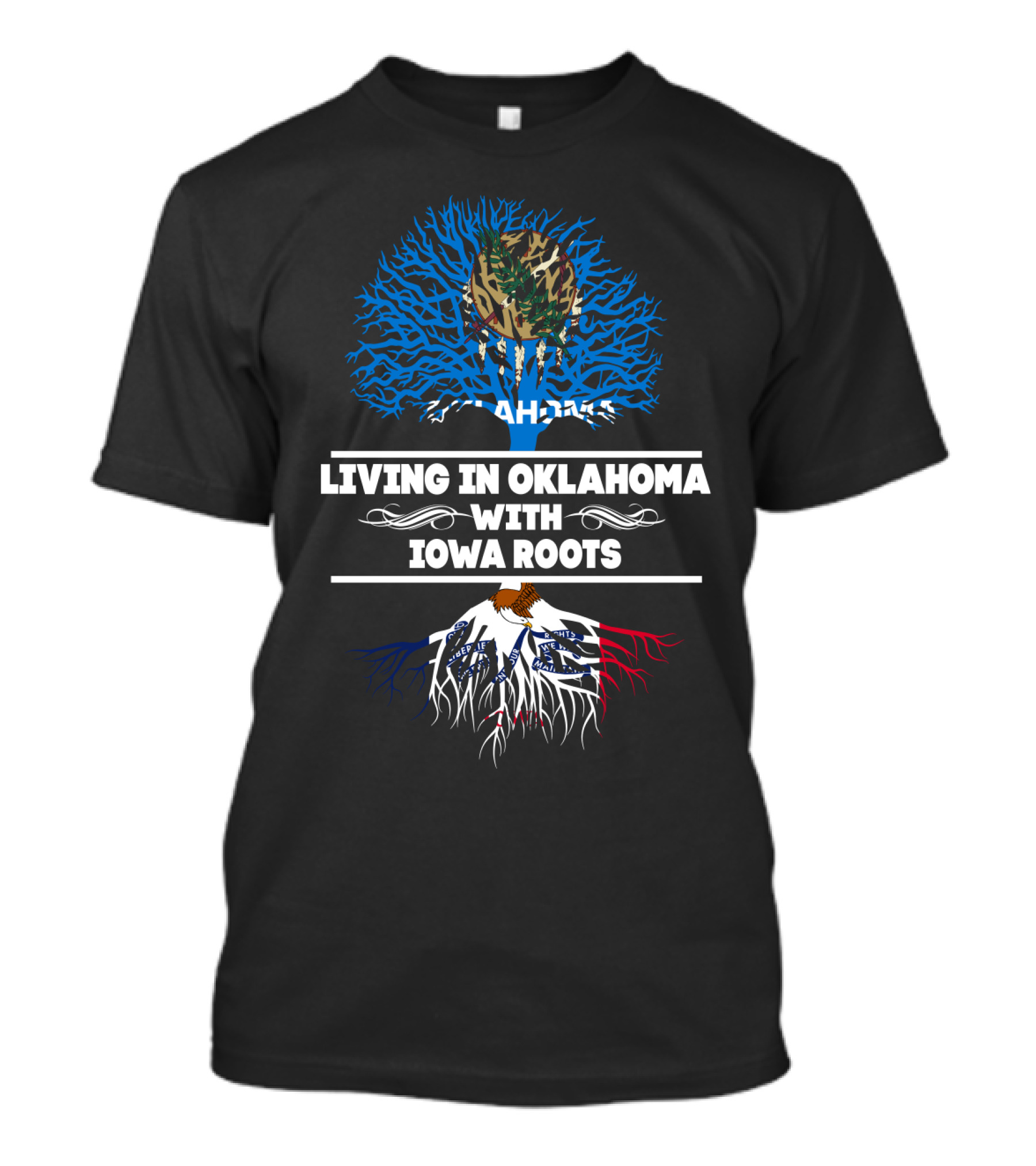 Living In Oklahoma With Iowa Roots Camouflage Tree Blue Sky Background T-Shirt