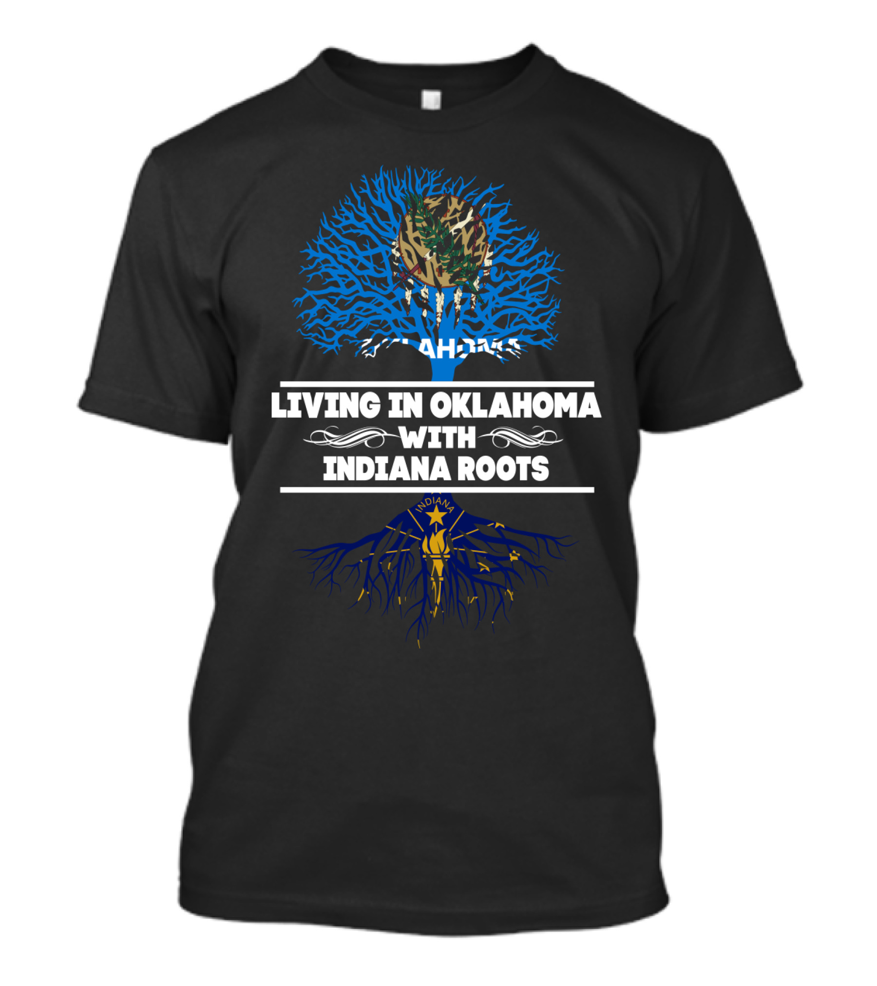 Oklahoma Living With Indiana Roots Tree Design Featuring State Symbols T-Shirt