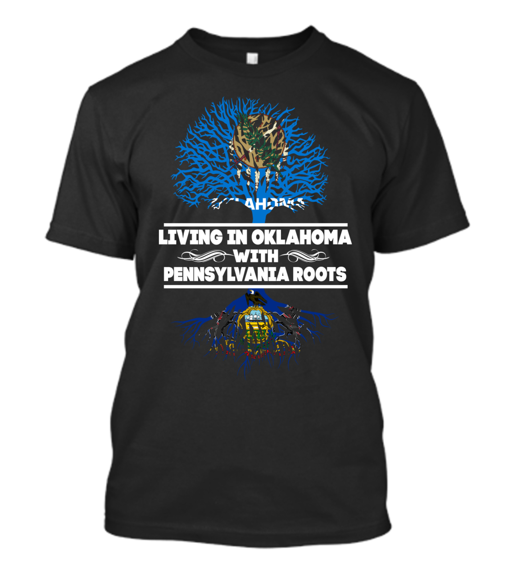 Oklahoma Living Pennsylvania Roots Blue Tree With Camo Top And Pennsylvania State Symbols T-Shirt