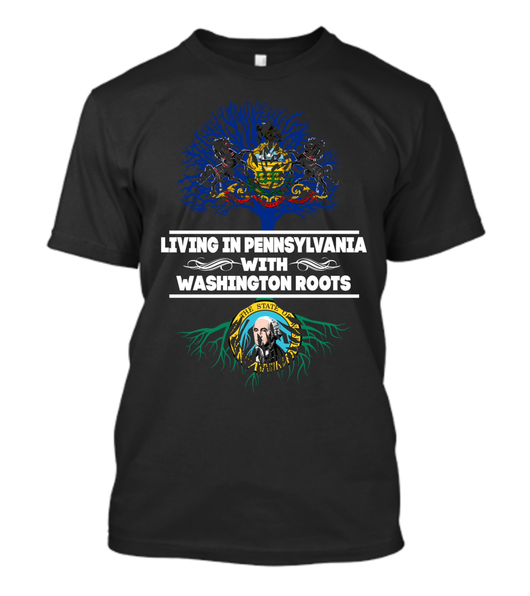 Pennsylvania Living With Washington State Roots Featuring State Seals And Tree T-Shirt