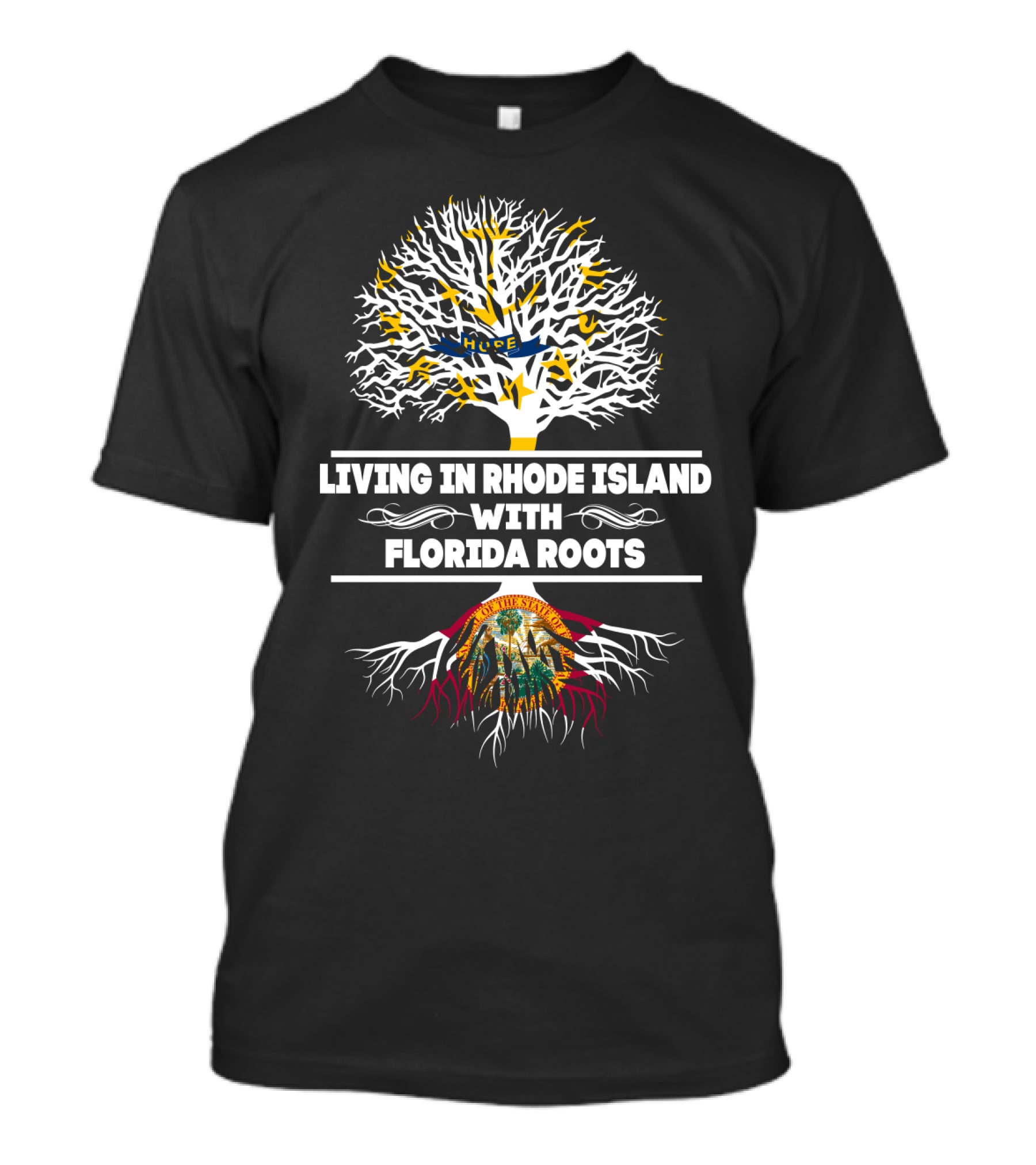 Rhode Island Living Florida Roots Tree Design With State Flags T-Shirt