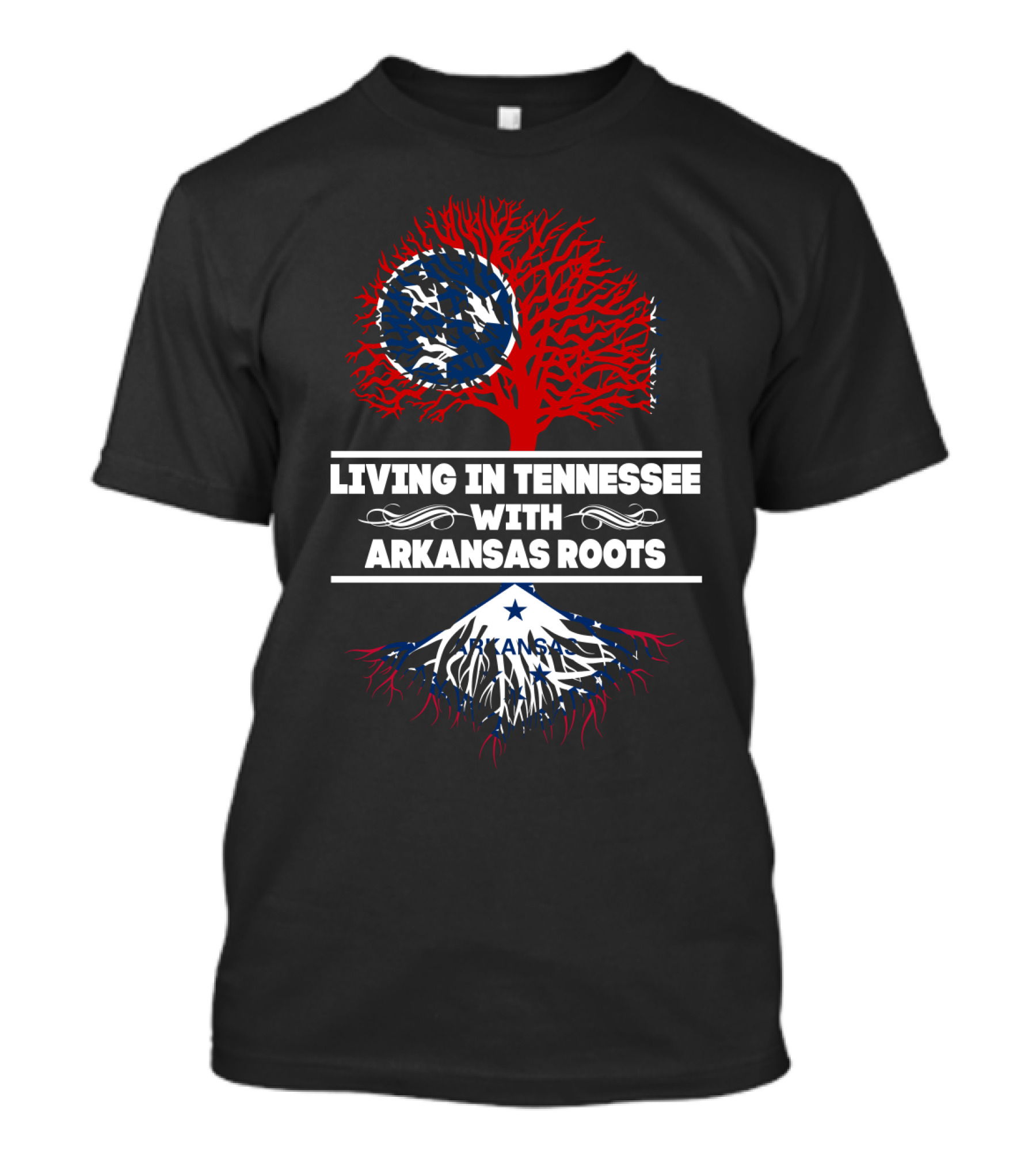 Tennessee Living With Arkansas Roots Red Tree Blue Roots Flag Motif T-Shirt