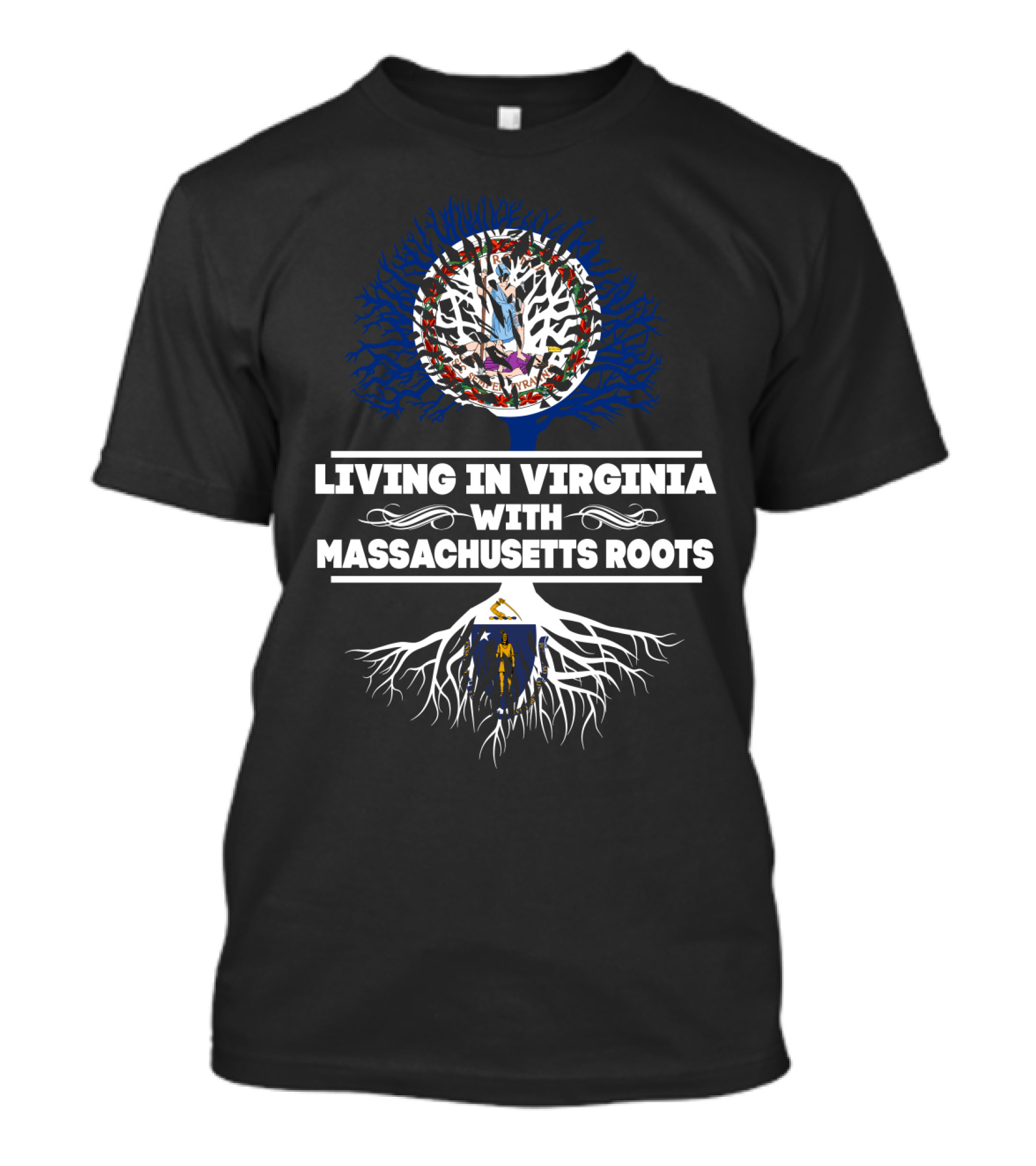 Living In Virginia With Massachusetts Roots American Flag And State Symbols Tree T-Shirt