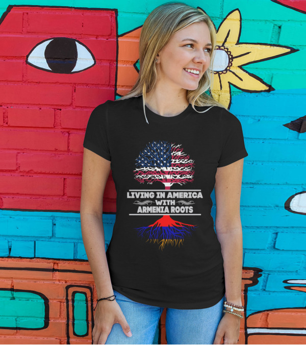 LIVING IN AMERICA WITH ARMENIA ROOTS American Flag Tree T-Shirt