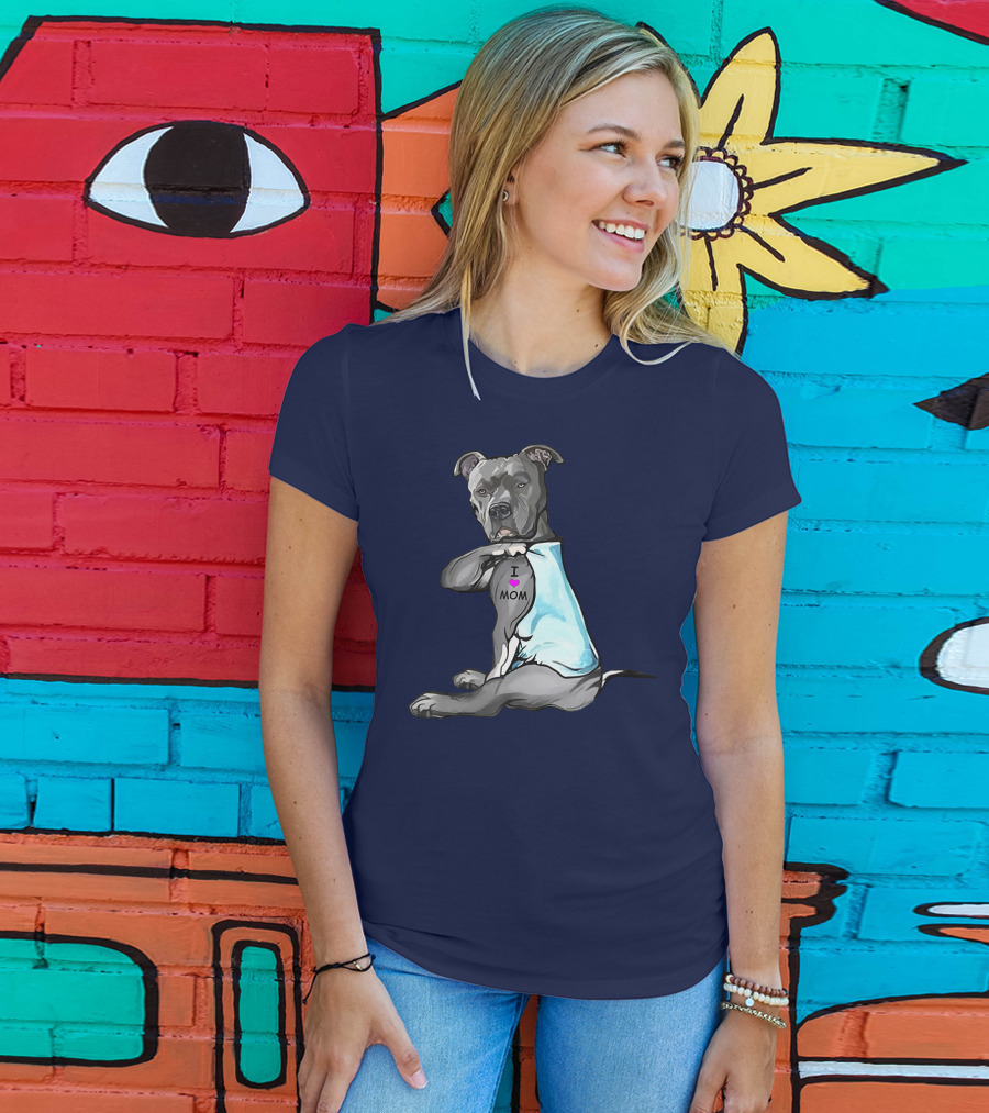 Funny Pitbull Dog I Love Mom Tattoo Trend Idea T-Shirt