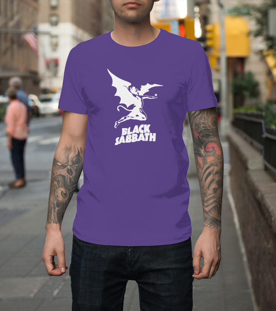 Black Sabbath Flying Devil Logo Purple Background T-Shirt