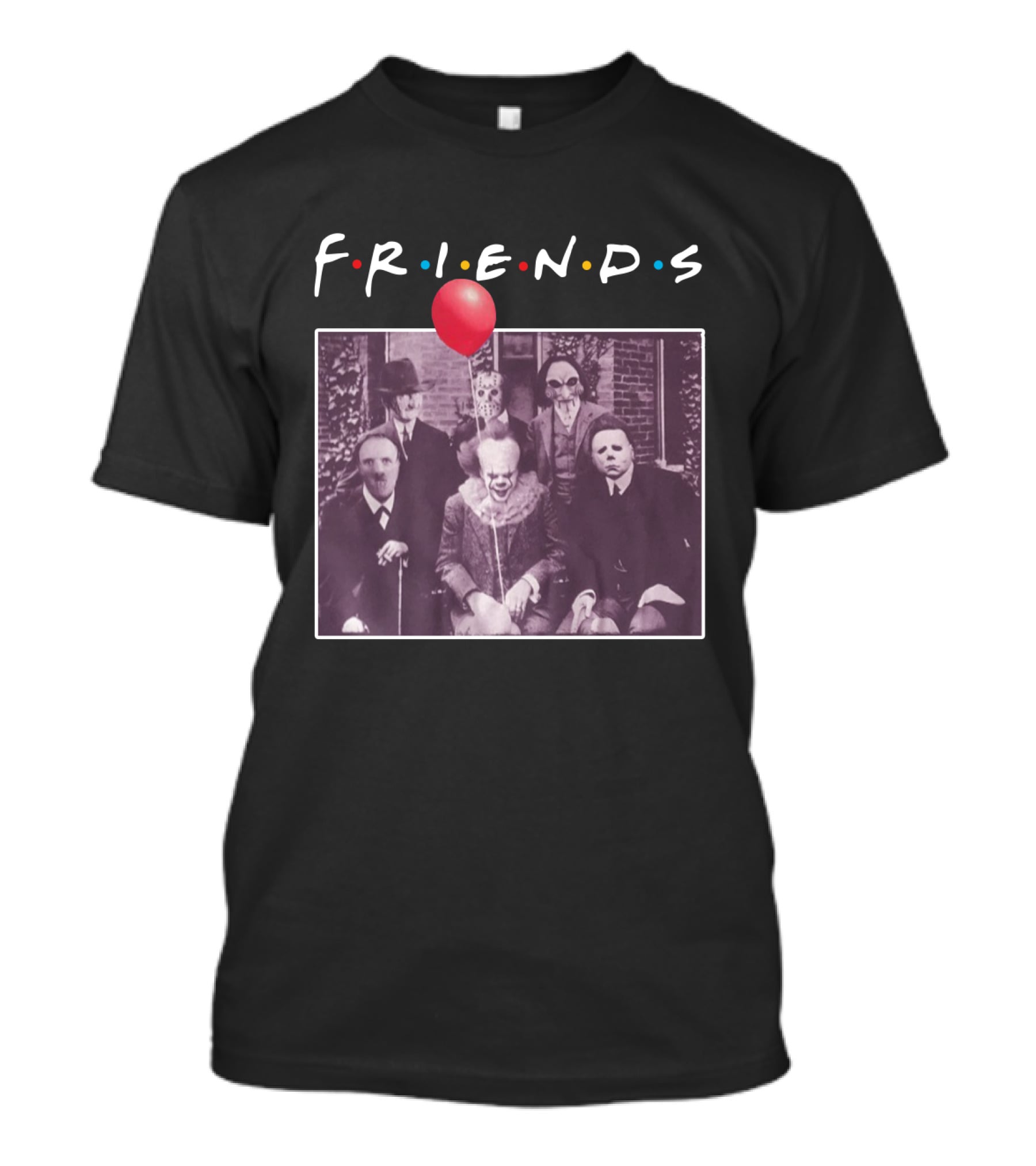 Horror Movie Characters Iconic Friends TV Show Parody Featuring Red Balloon T-Shirt