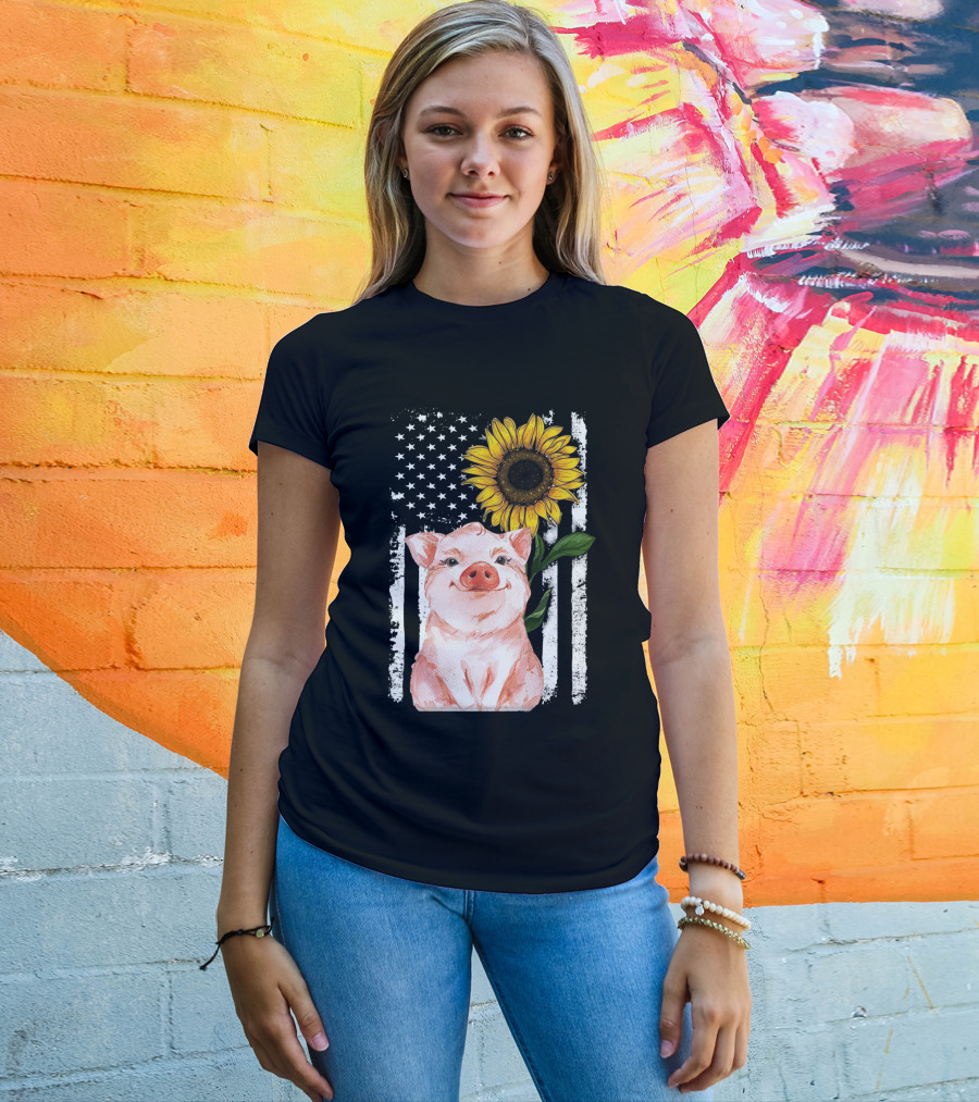 American Flag Sunflower Pig Vintage T-Shirt
