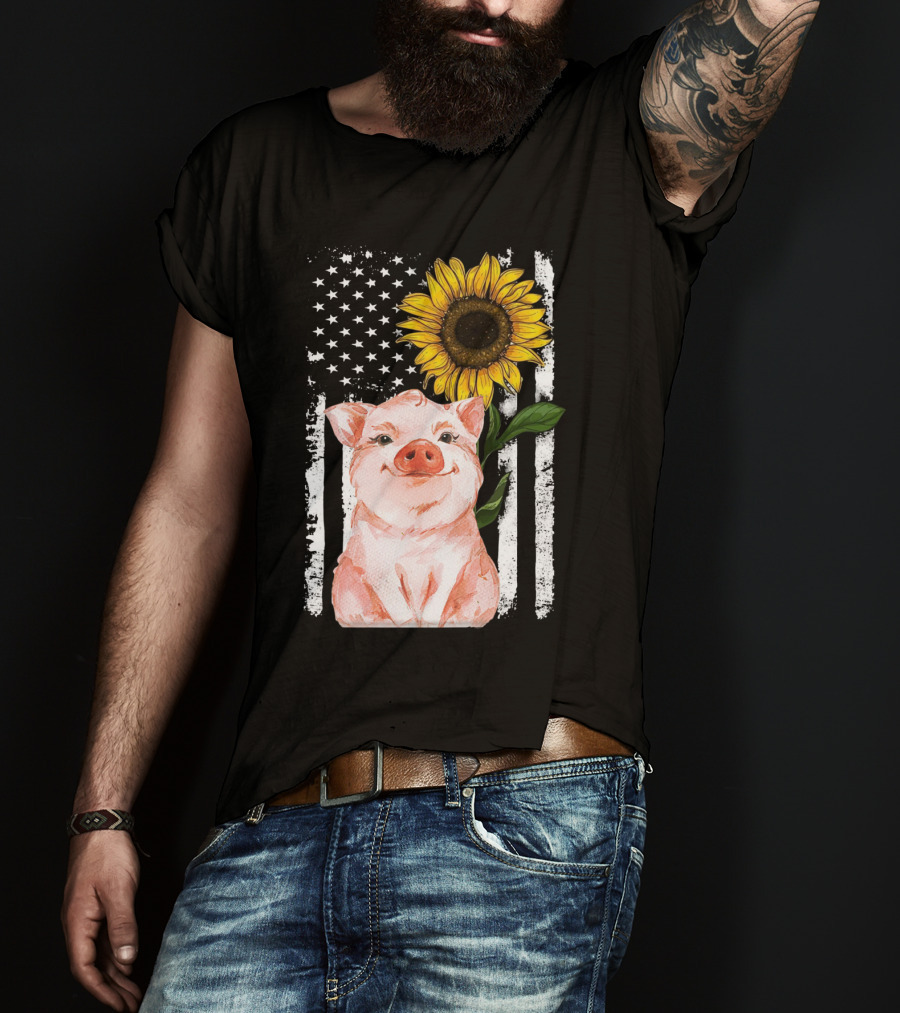 American Flag Sunflower Pig Vintage T-Shirt