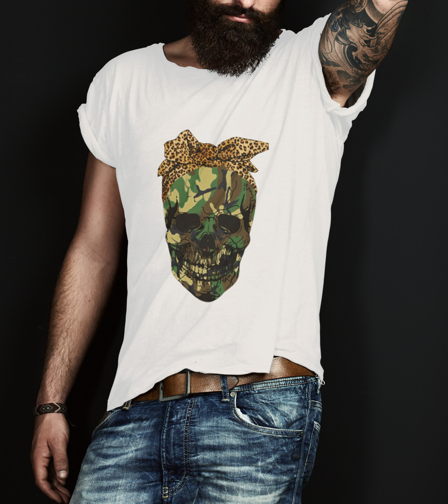 Camo Skull With Leopard Print Bow T-Shirt