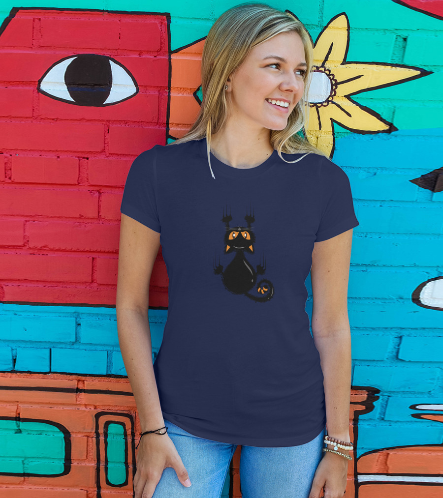Cartoon Cute Halloween Black Cat With Orange Eyes And Scratching Claws T-Shirt