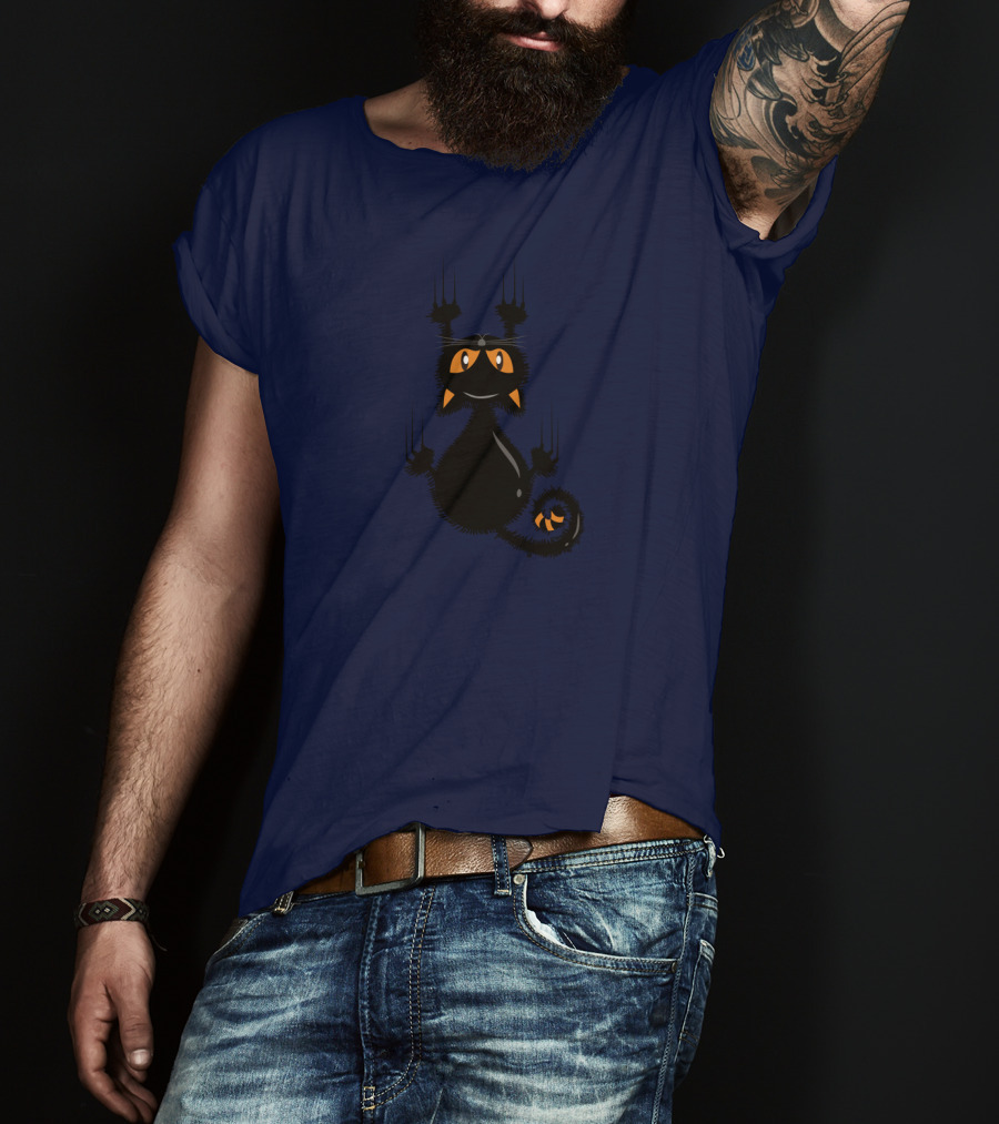 Cartoon Cute Halloween Black Cat With Orange Eyes And Scratching Claws T-Shirt