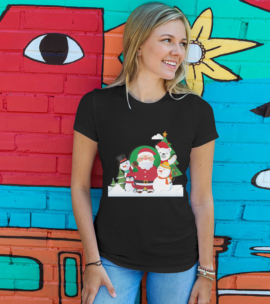 Christmas With Santa Claus Snowman Penguin Polar Bear Festive Scene T-Shirt