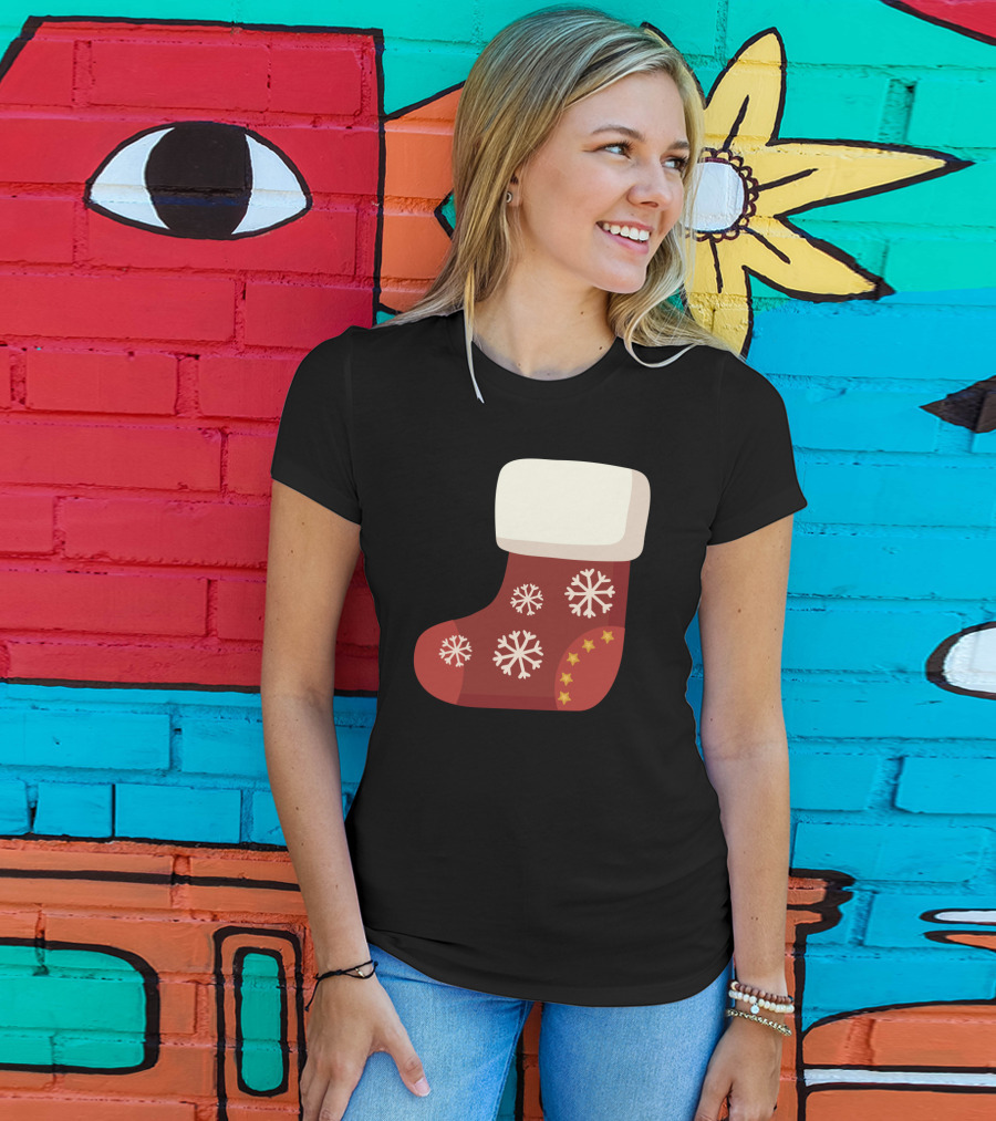 Sock Christmas Stocking With Snowflakes And Stars T-Shirt