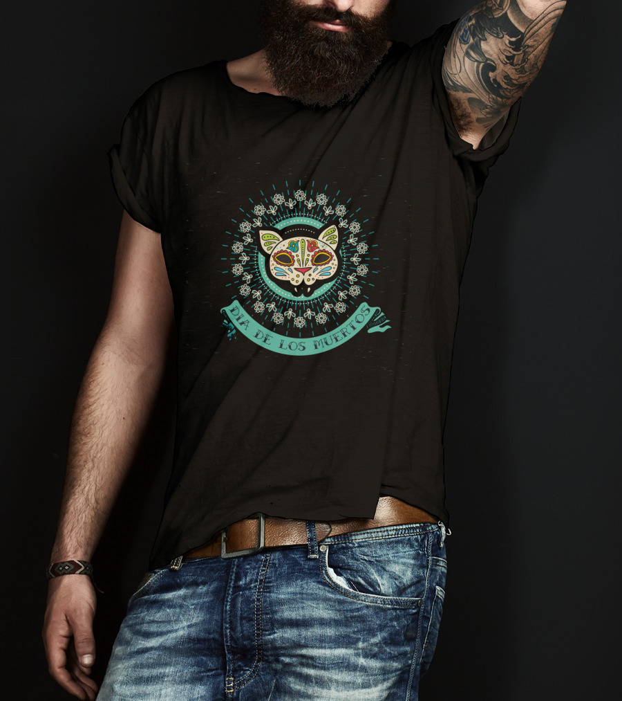 Dia De Los Muertos Sugar Skull Cat With Floral Decor In Teal And White T-Shirt