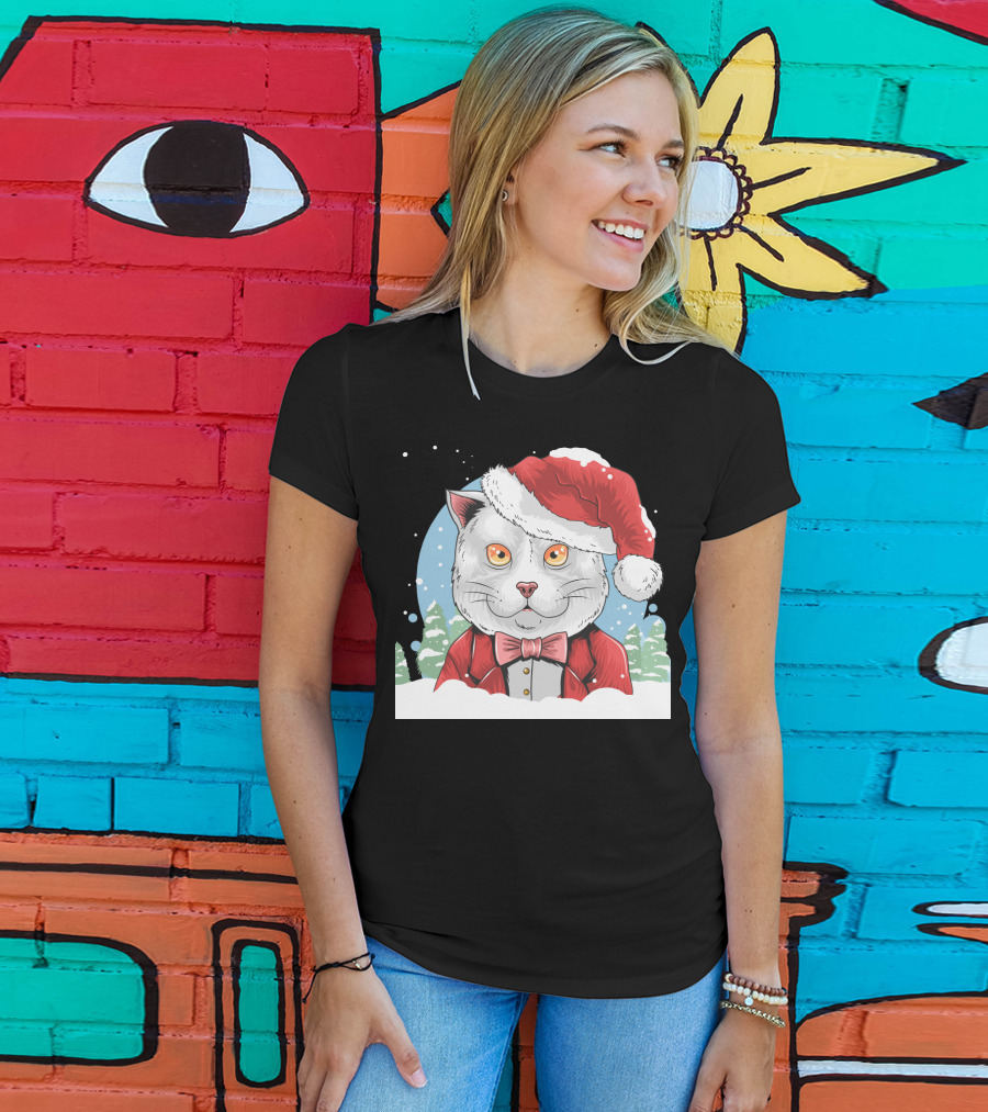 Santa Claus Cat In Winter Wonderland Christmas Scene T-Shirt