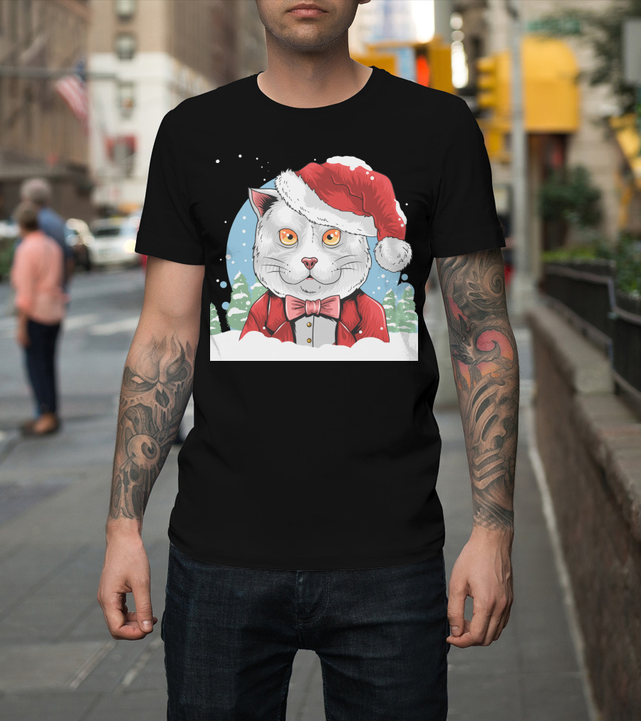 Santa Claus Cat in Winter Wonderland Christmas Scene T-Shirt