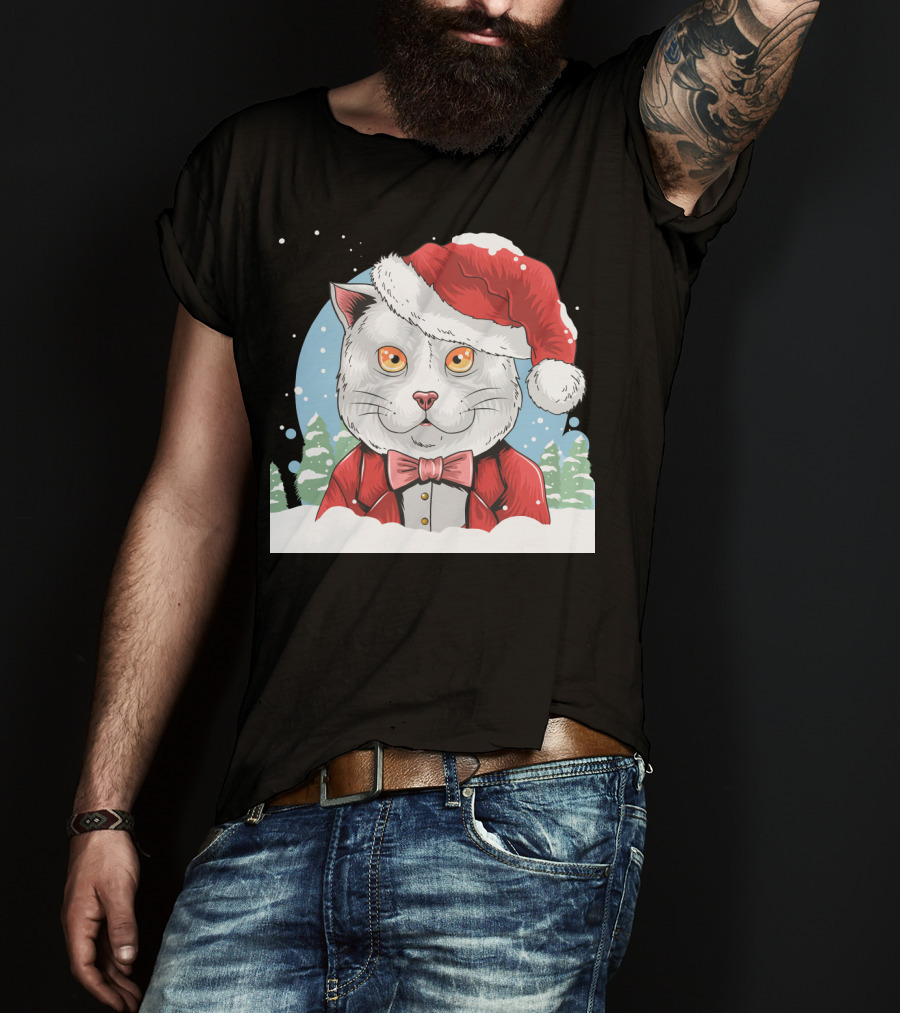 Santa Claus Cat In Winter Wonderland Christmas Scene T-Shirt