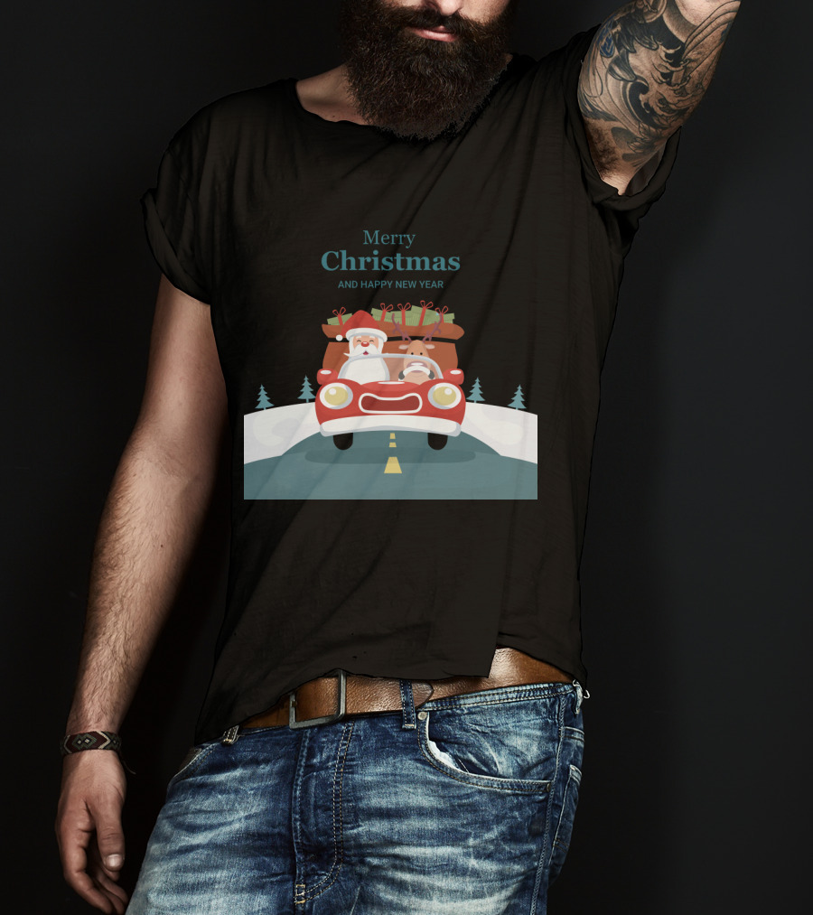 Merry Christmas And Happy New Year Reindeer Drives Car With Santa Claus T-Shirt