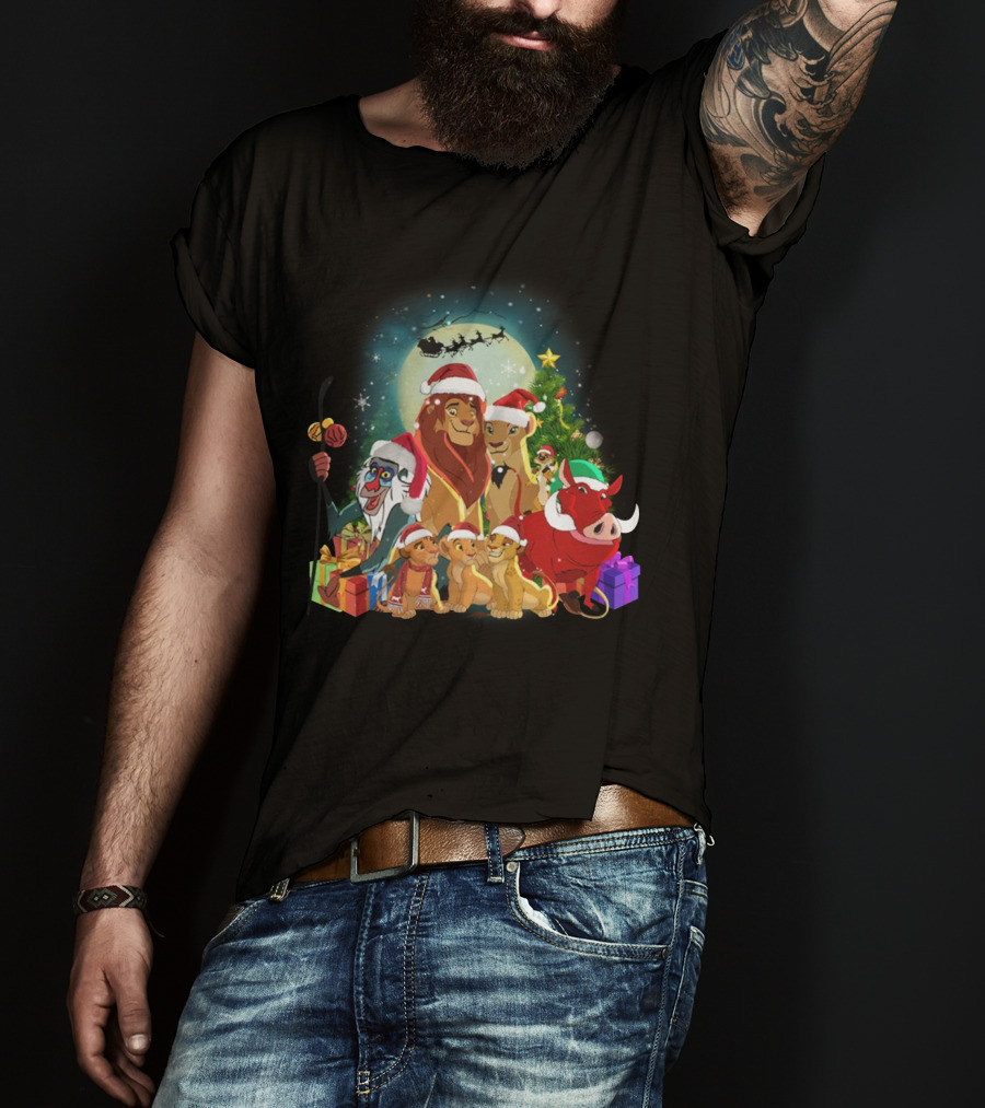 The Lion King Merry Christmas Santa Hats Moon And Sleigh T-Shirt