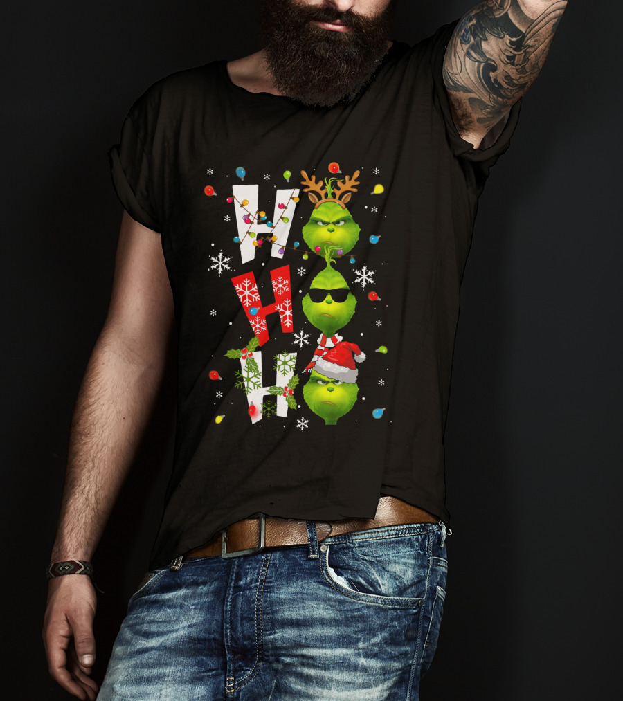 Ho Ho Ho Grinch Christmas Lights Antlers Hat Sunglasses Snowflakes T-Shirt