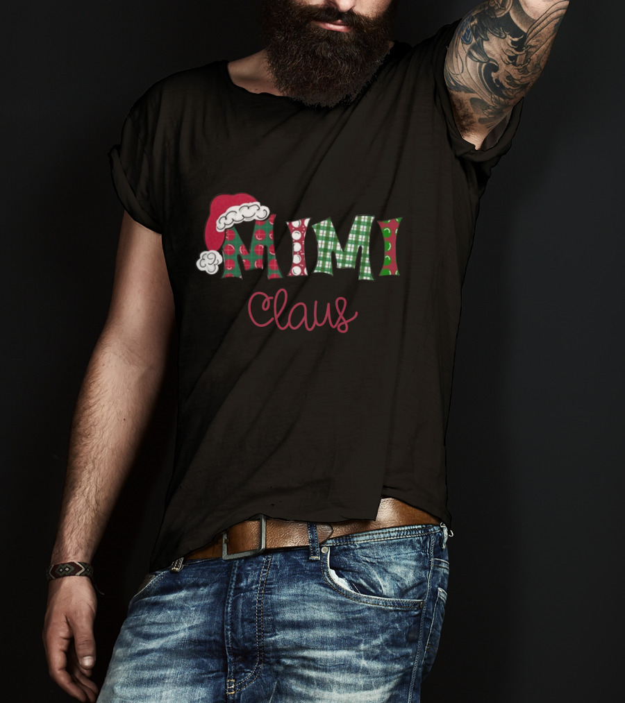 Mimi Claus Christmas Santa Hat Polka Dot Plaid T-Shirt