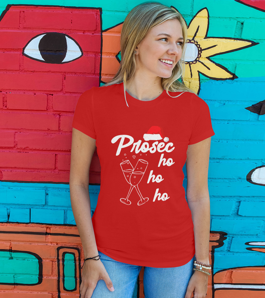 Prosec Ho Ho Santa Hat Champagne Glasses T-Shirt