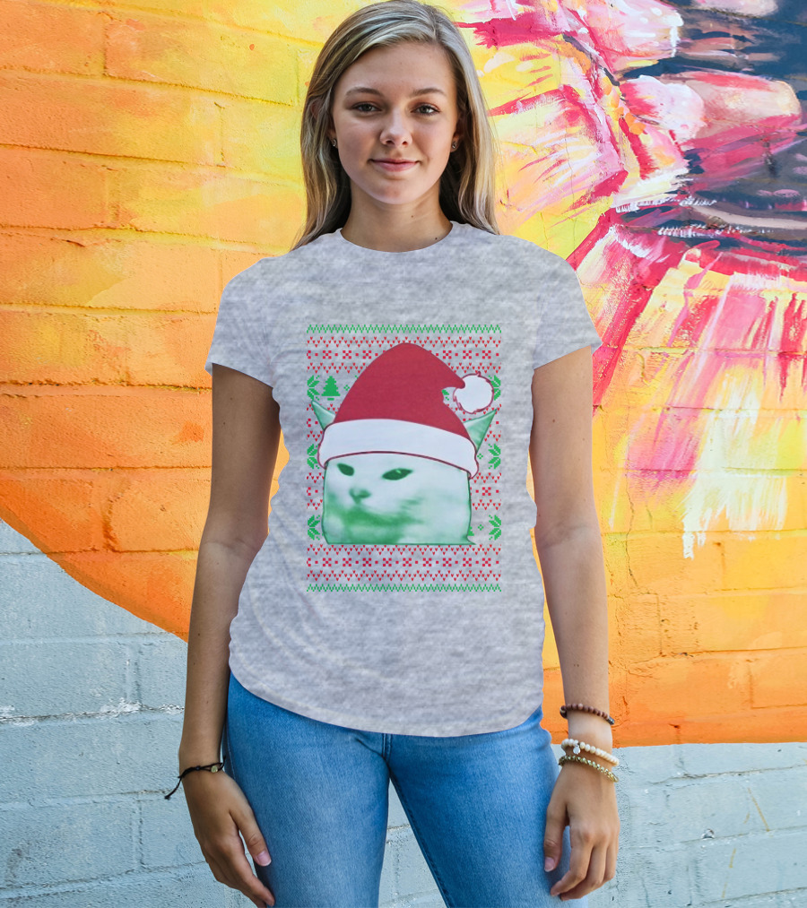 Santa Hat Cat Meme Christmas Pattern Raglan T-Shirt