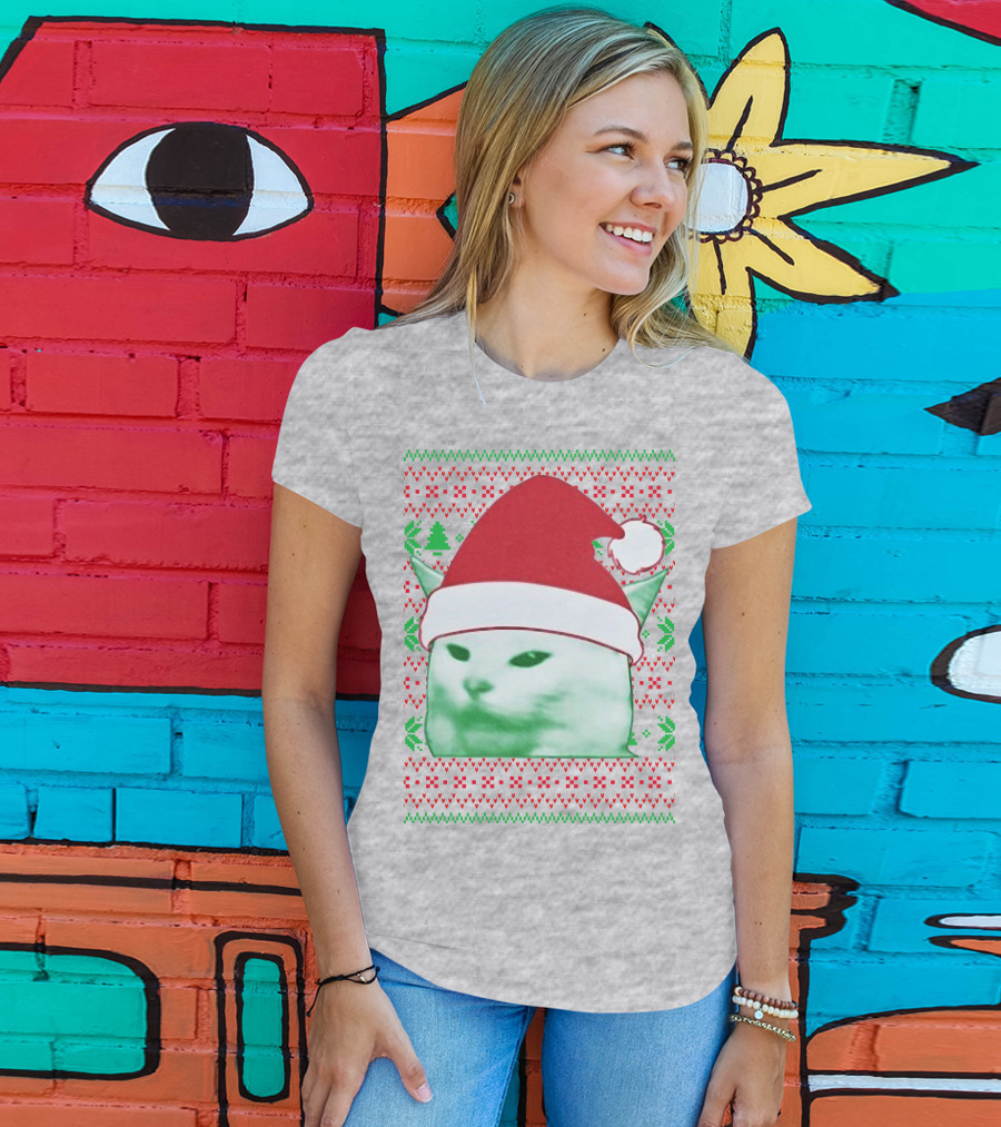 Santa Hat Cat Meme Christmas Pattern Raglan T-Shirt