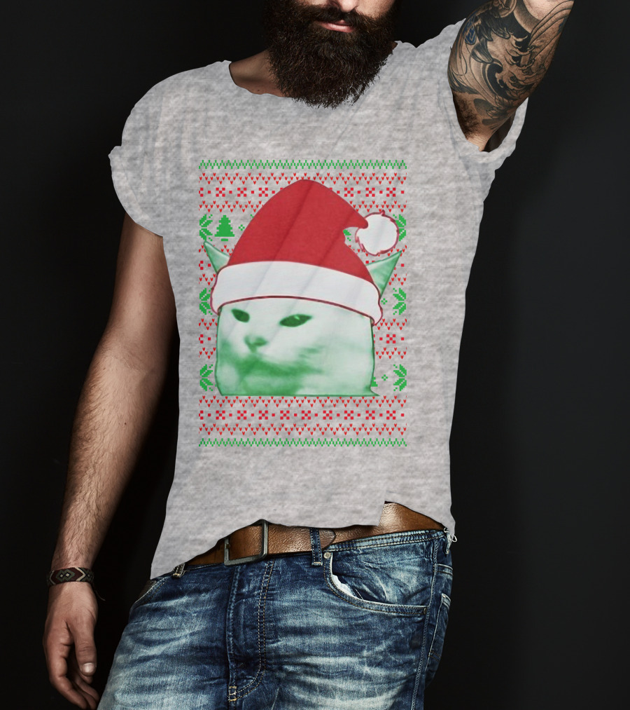Santa Hat Cat Meme Christmas Pattern Raglan T-Shirt