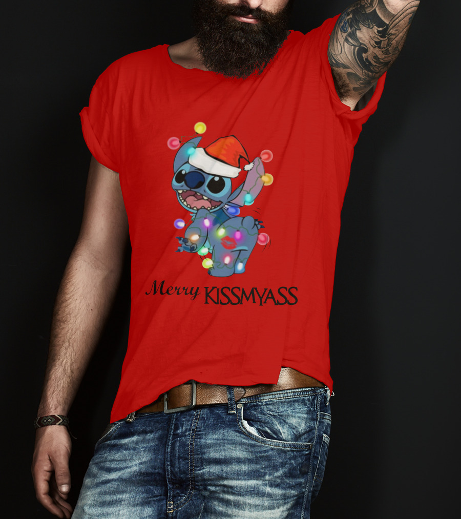 Merry Kissmyass Christmas Stitch Santa Hat Lights T-Shirt