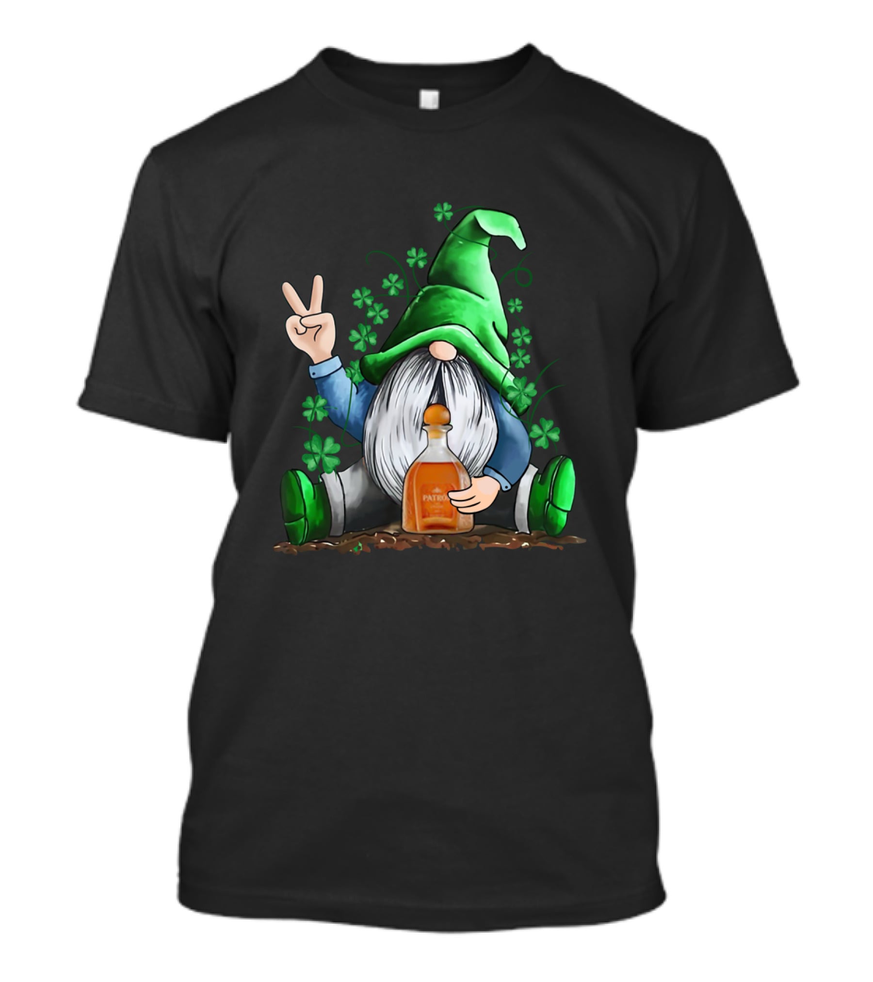 Patron Bottle Hug By Irish Gnome With Shamrocks For St Patrick's Day T-Shirt