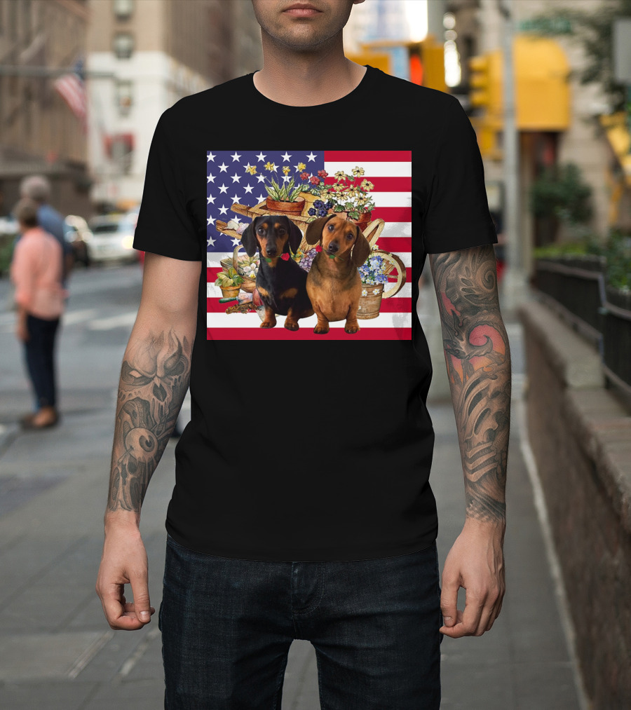 Daschund Flower Garden American Flag Backdrop Face Mask T-Shirt