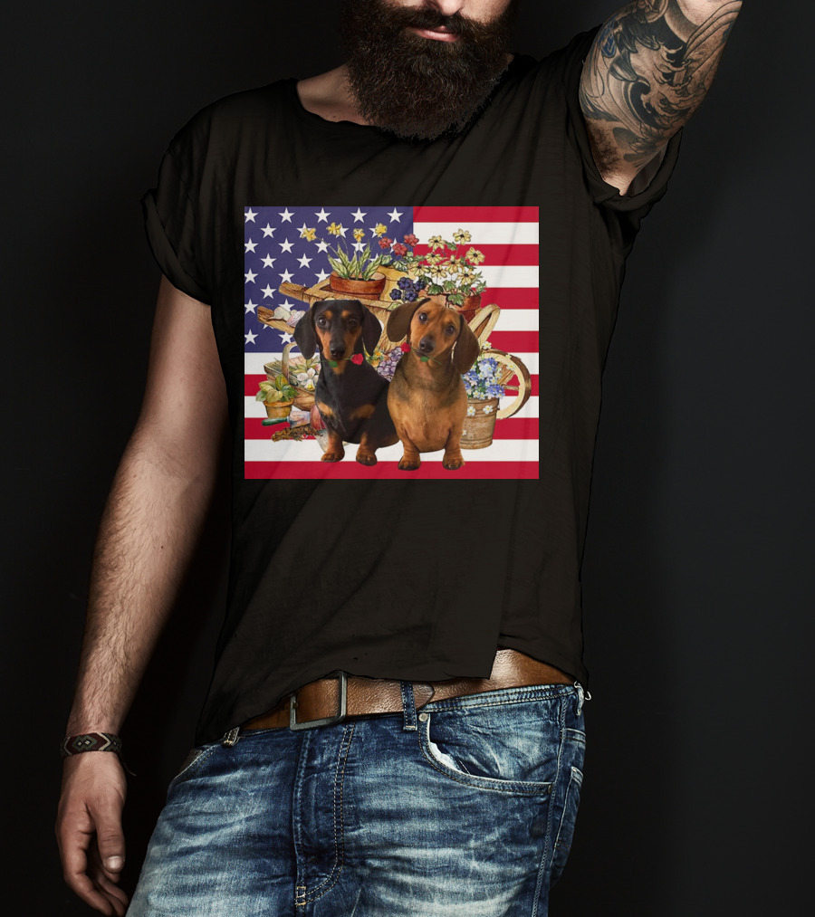 Daschund Flower Garden American Flag Backdrop Face Mask T-Shirt