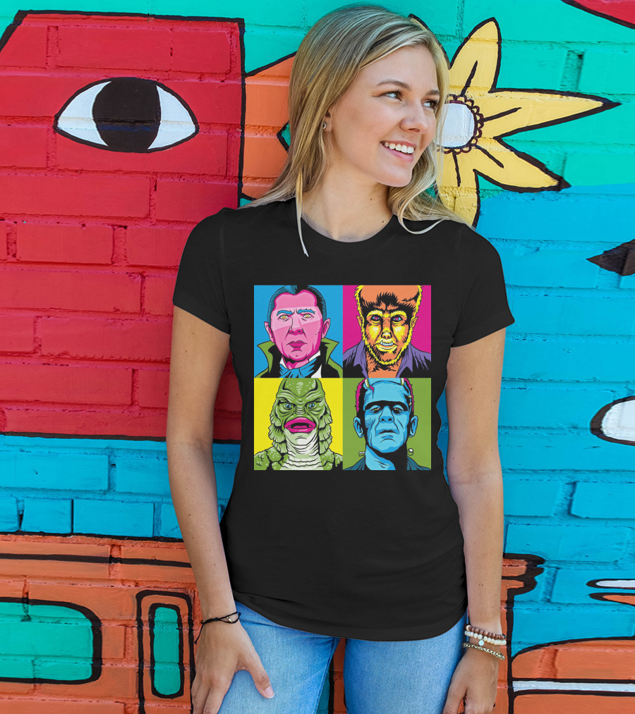 Dracula Frankenstein Wolfman Creature Horror Pop Art Icons T-Shirt