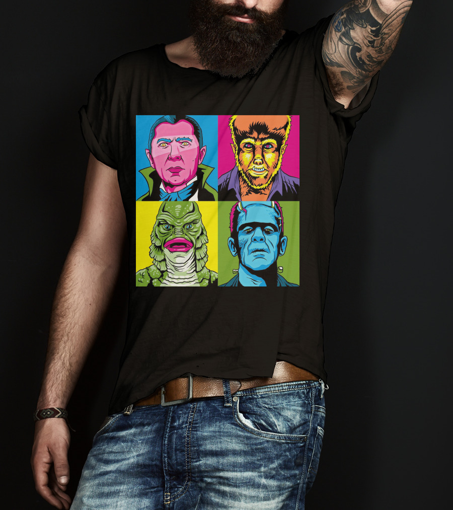 Dracula Frankenstein Wolfman Creature Horror Pop Art Icons T-Shirt