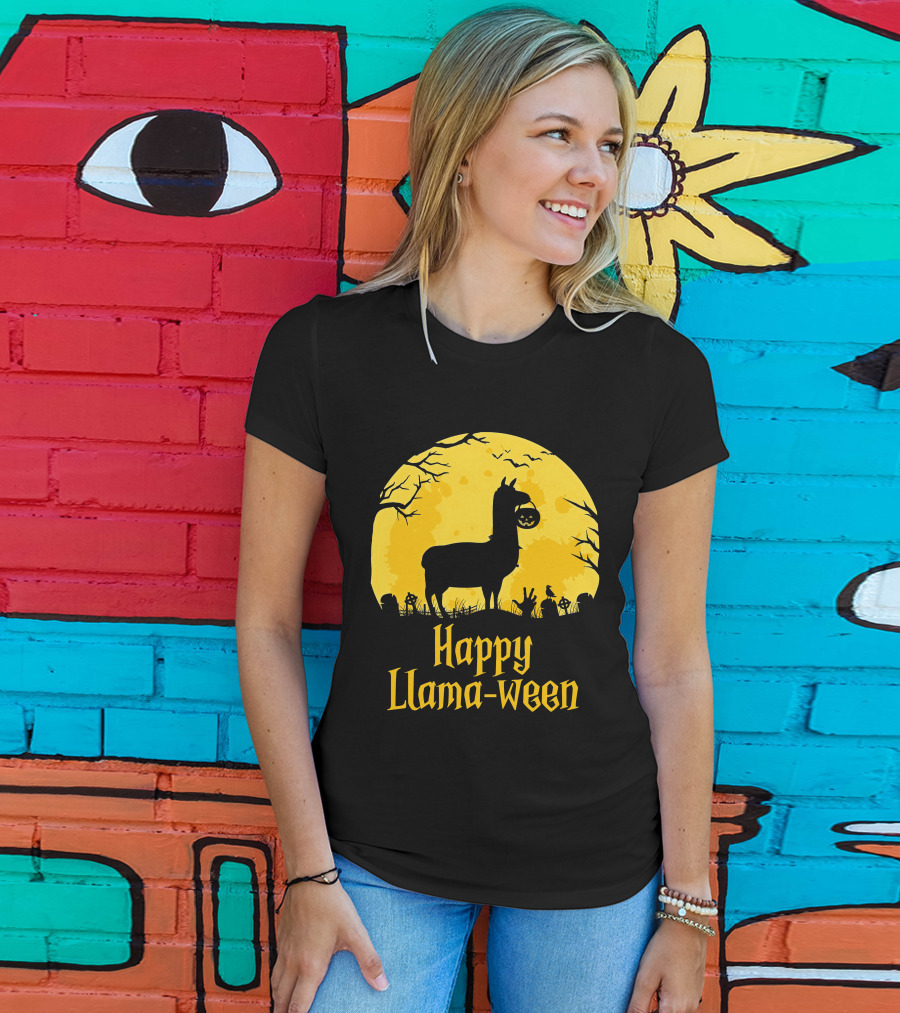 Happy Llamaween Llama Holding Pumpkin Silhouette In Spooky Halloween Scene T-Shirt