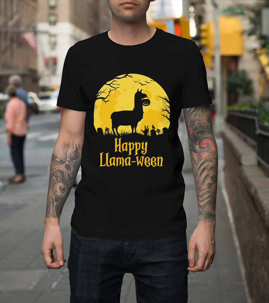 Happy Llamaween Llama Holding Pumpkin Silhouette in Spooky Halloween Scene T-Shirt