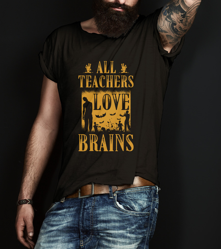 All Teachers Love Brains Zombie Silhouette Bats And Graveyard T-Shirt