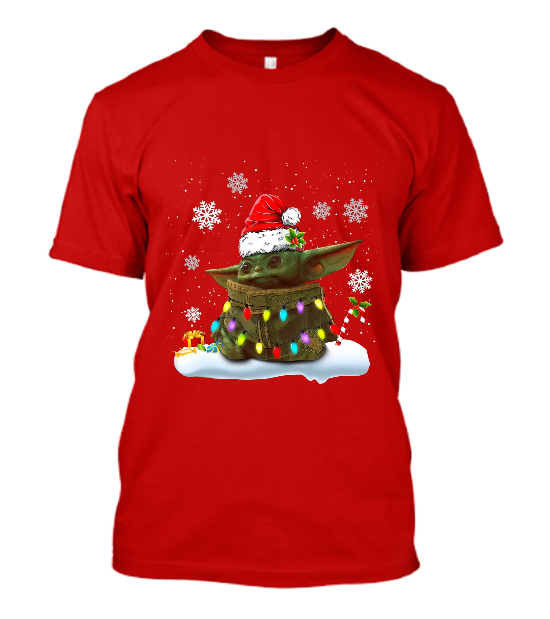 Santa Baby Yoda Christmas Lights Snowflakes Candy Cane Holiday Scene T-Shirt