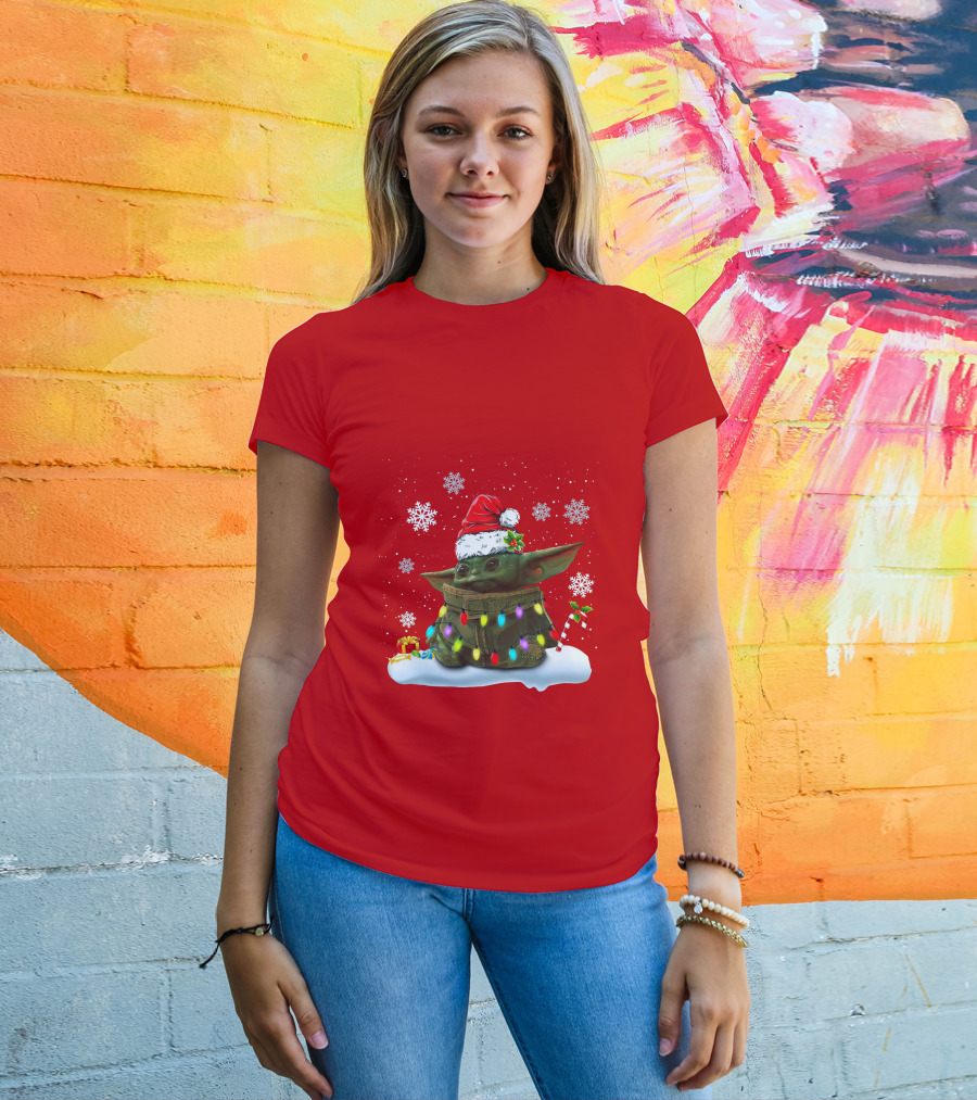 Santa Baby Yoda Christmas Lights Snowflakes Candy Cane Holiday Scene T-Shirt