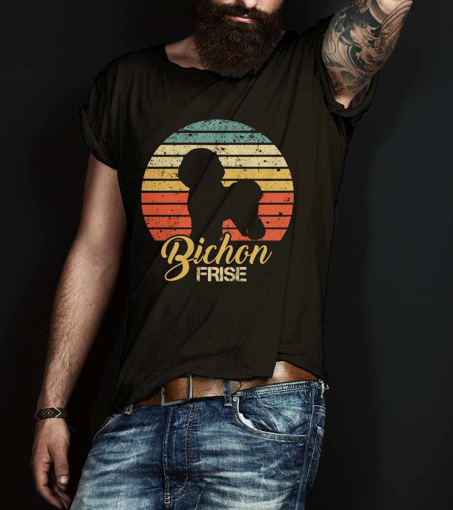 Retro Sunset Silhouette Bichon Frise Stripes T-Shirt