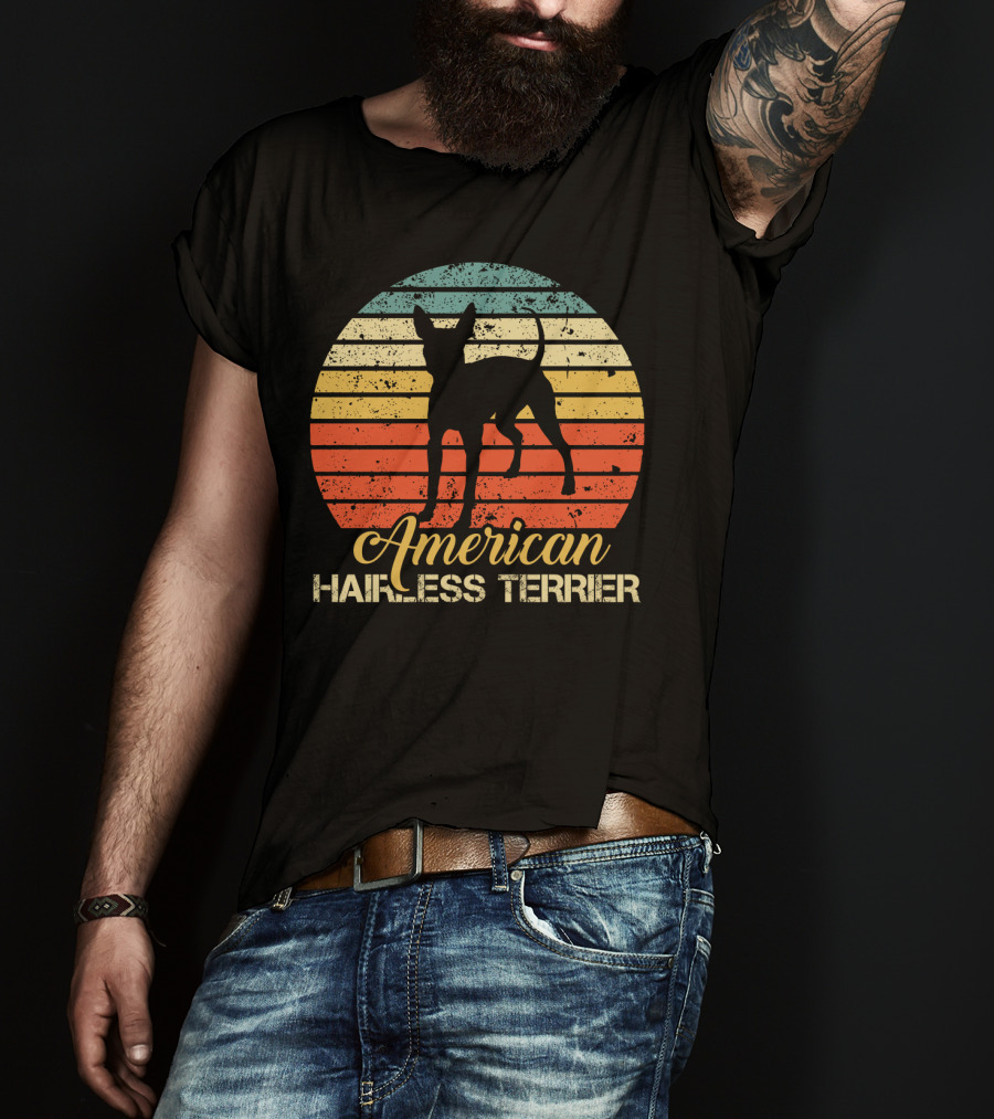 Retro Vintage American Hairless Terrier With Striped Sunset Background T-Shirt